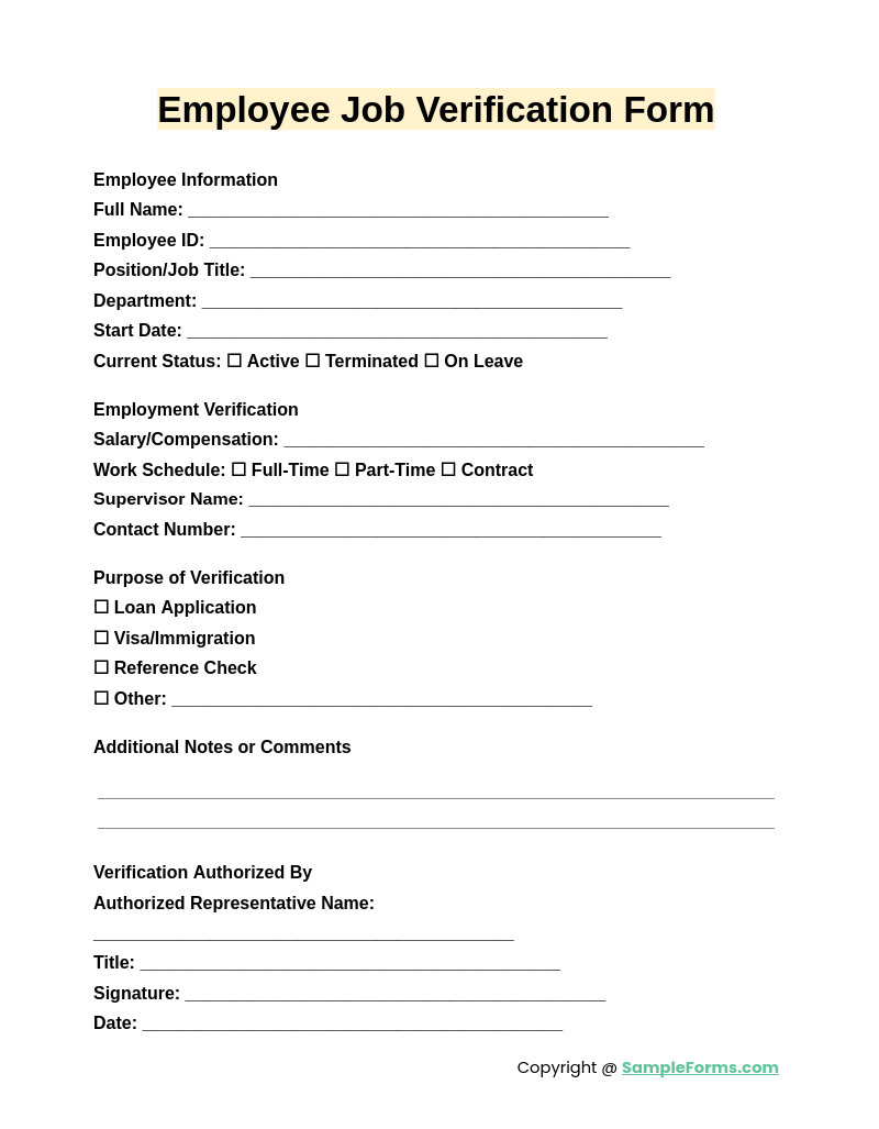 printable verification of employment form