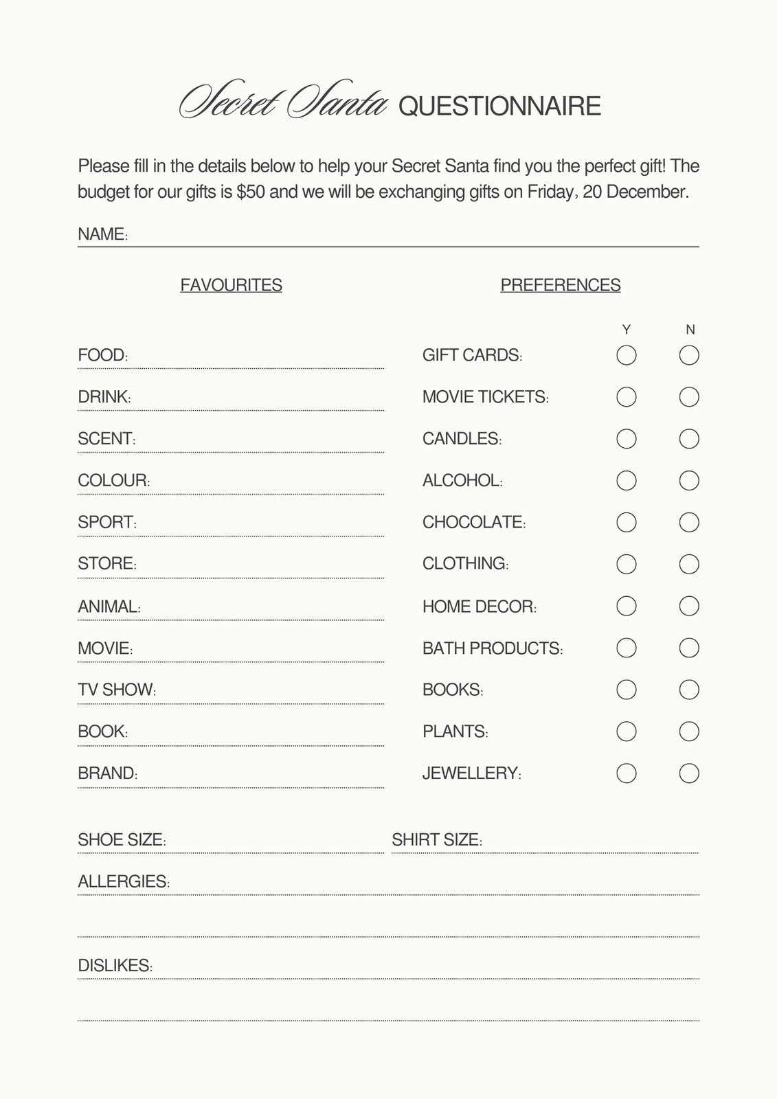 printable template secret santa form