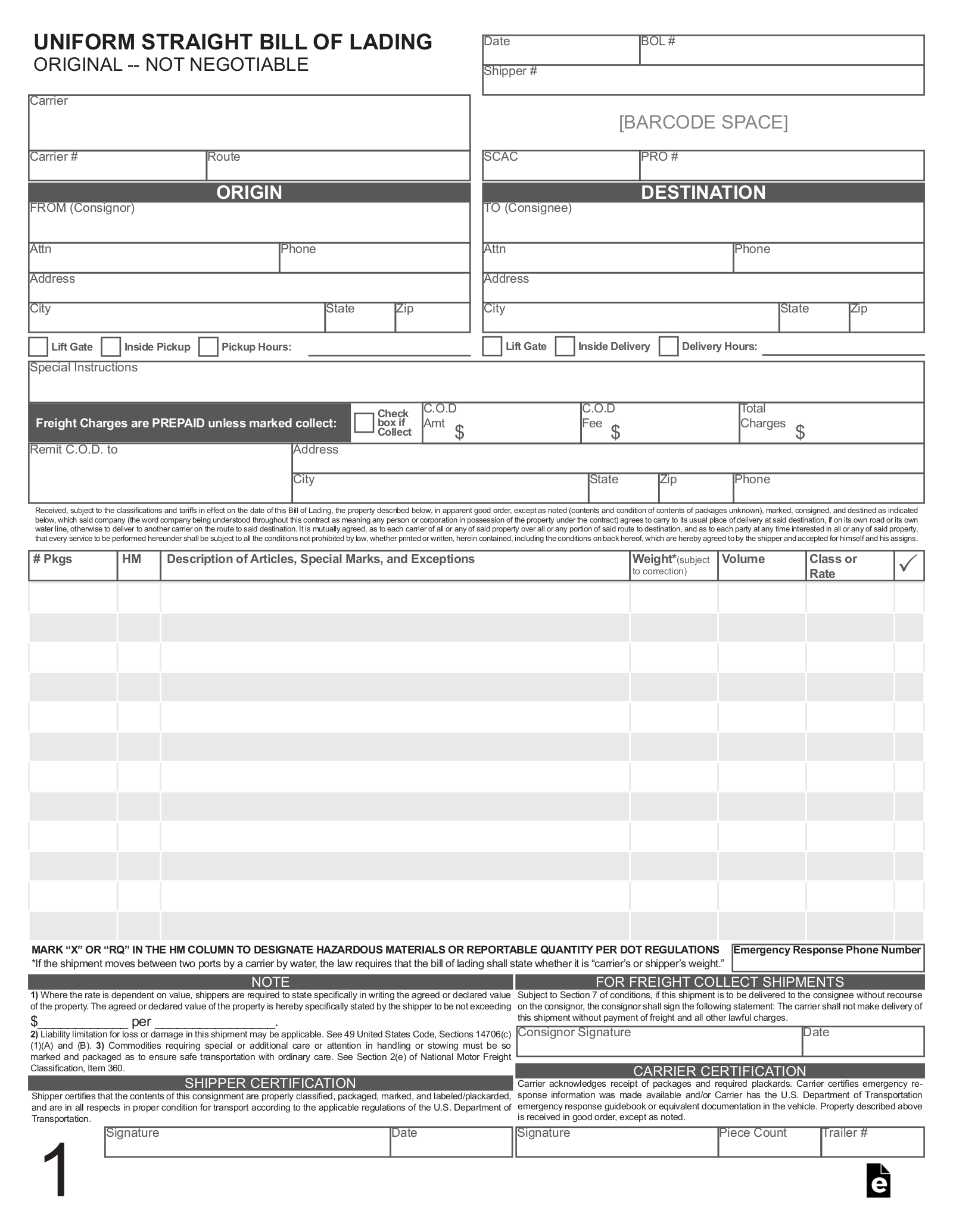 Free Bill Of Lading BOL PDF EForms Free Bill Of Lading BOL PDF EForms