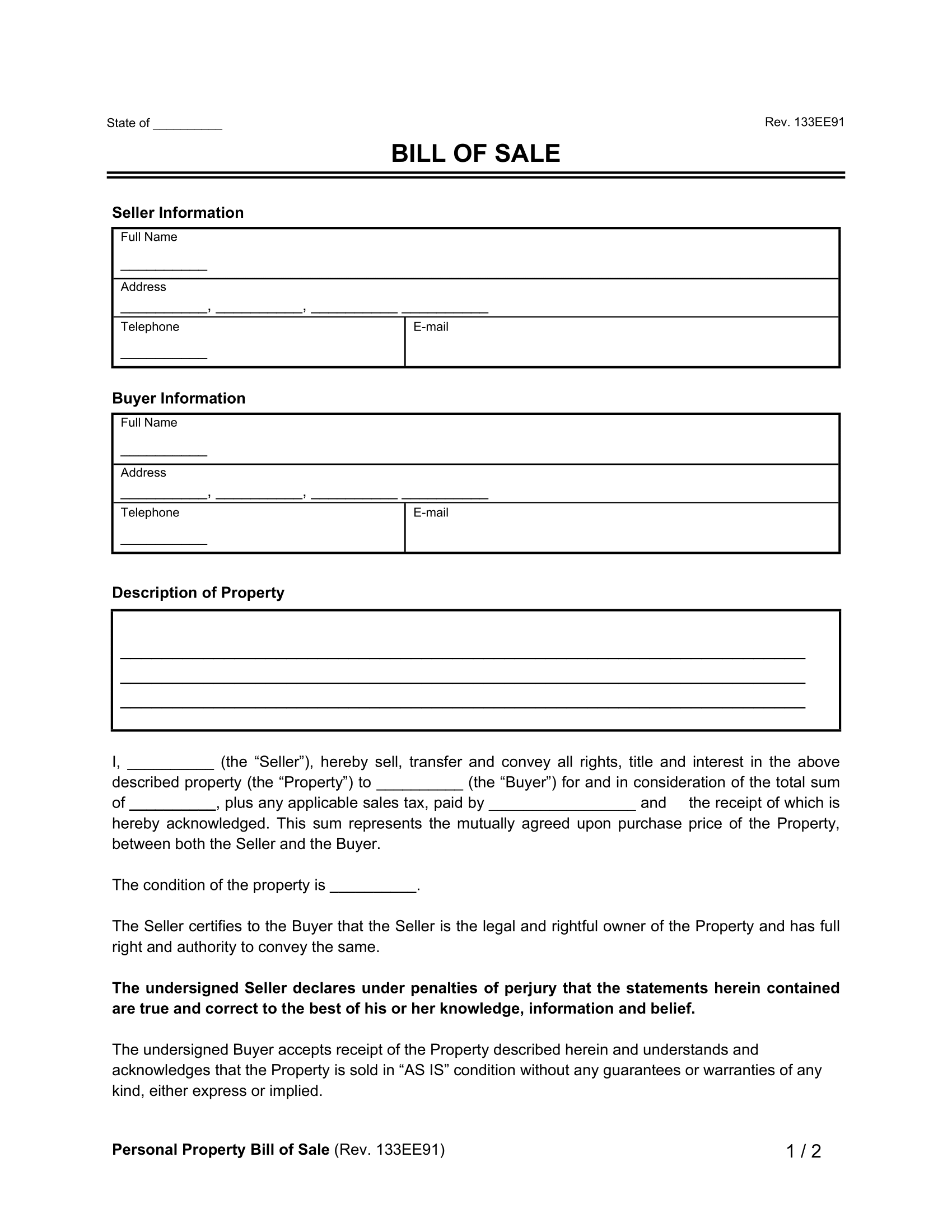printable automobile bill of sale form