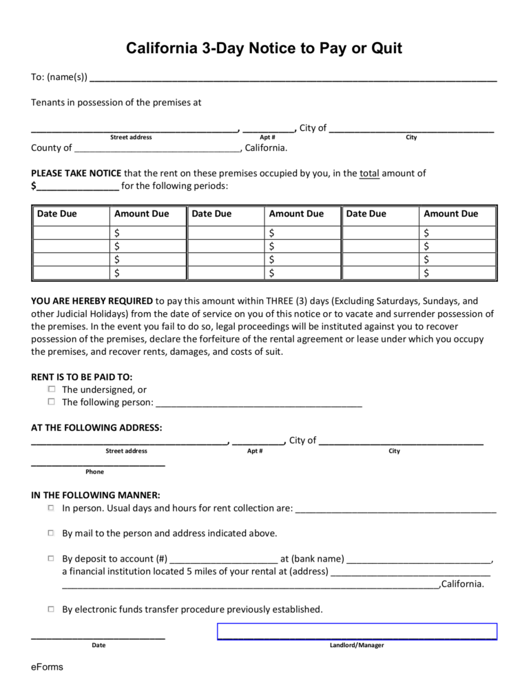 Free California 3 Day Notice To Quit Form Non Payment Of Rent PDF EForms