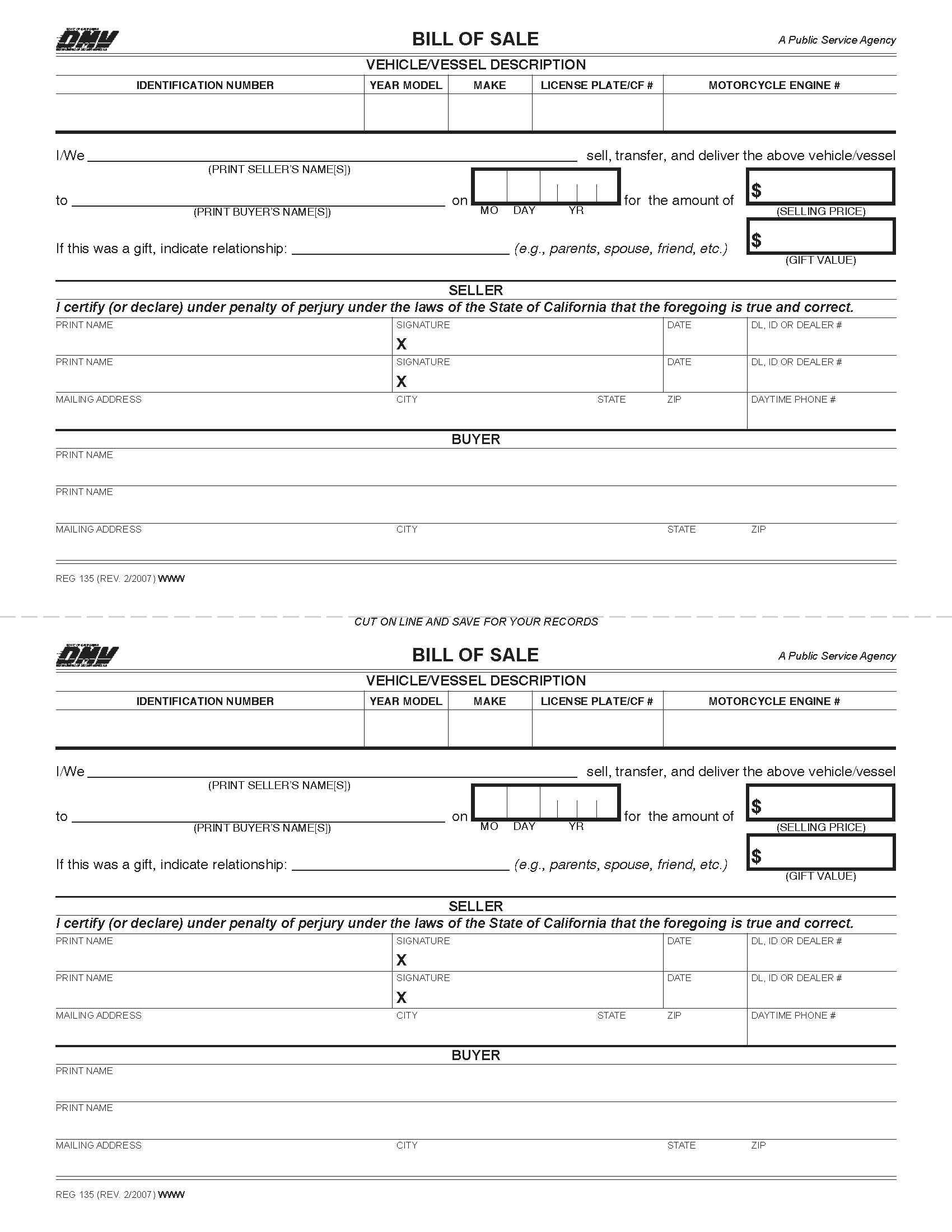 automobile bill of sale printable form