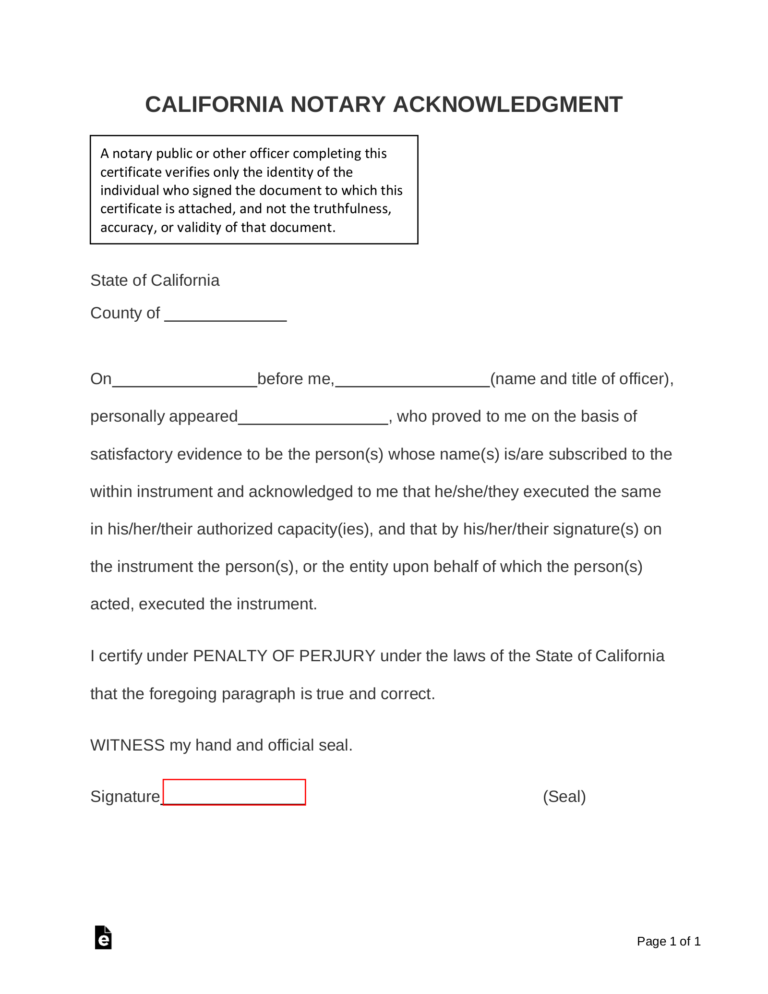 Free California Notary Acknowledgment Form PDF Word EForms