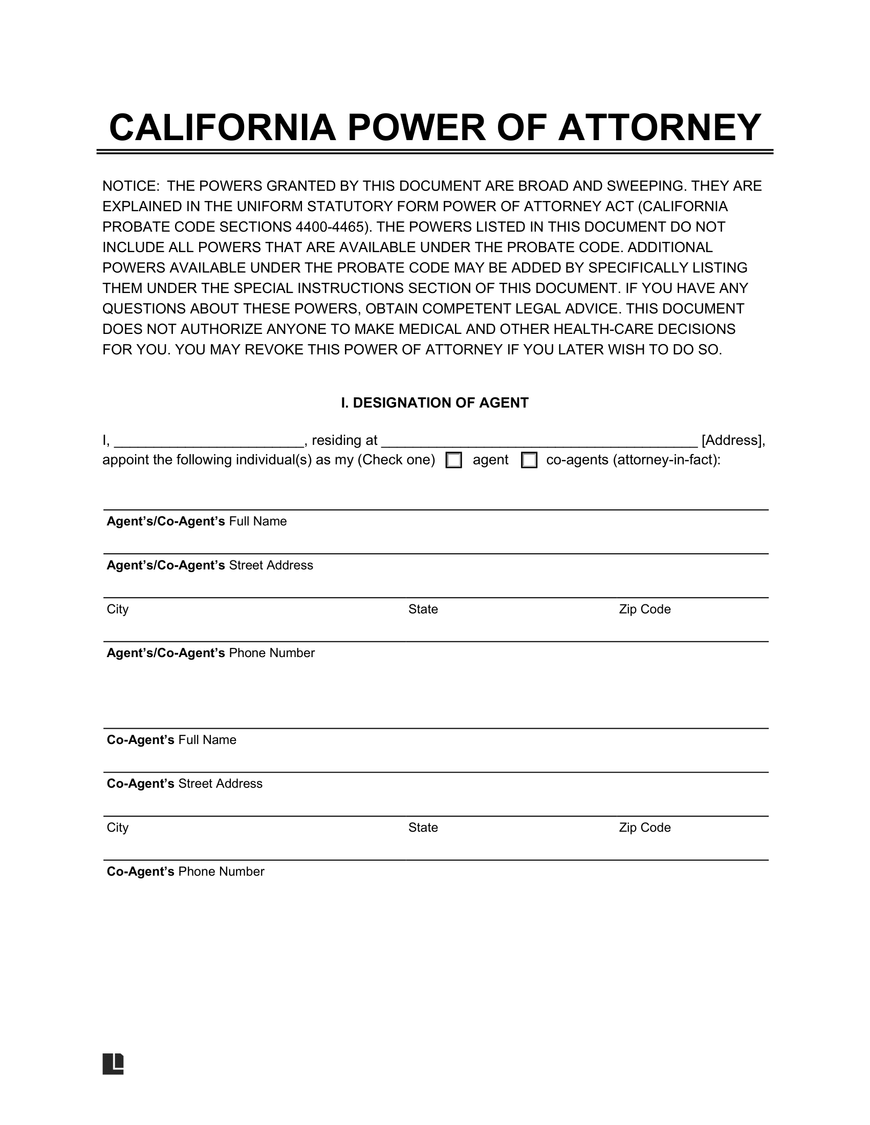 printable blank power of attorney form