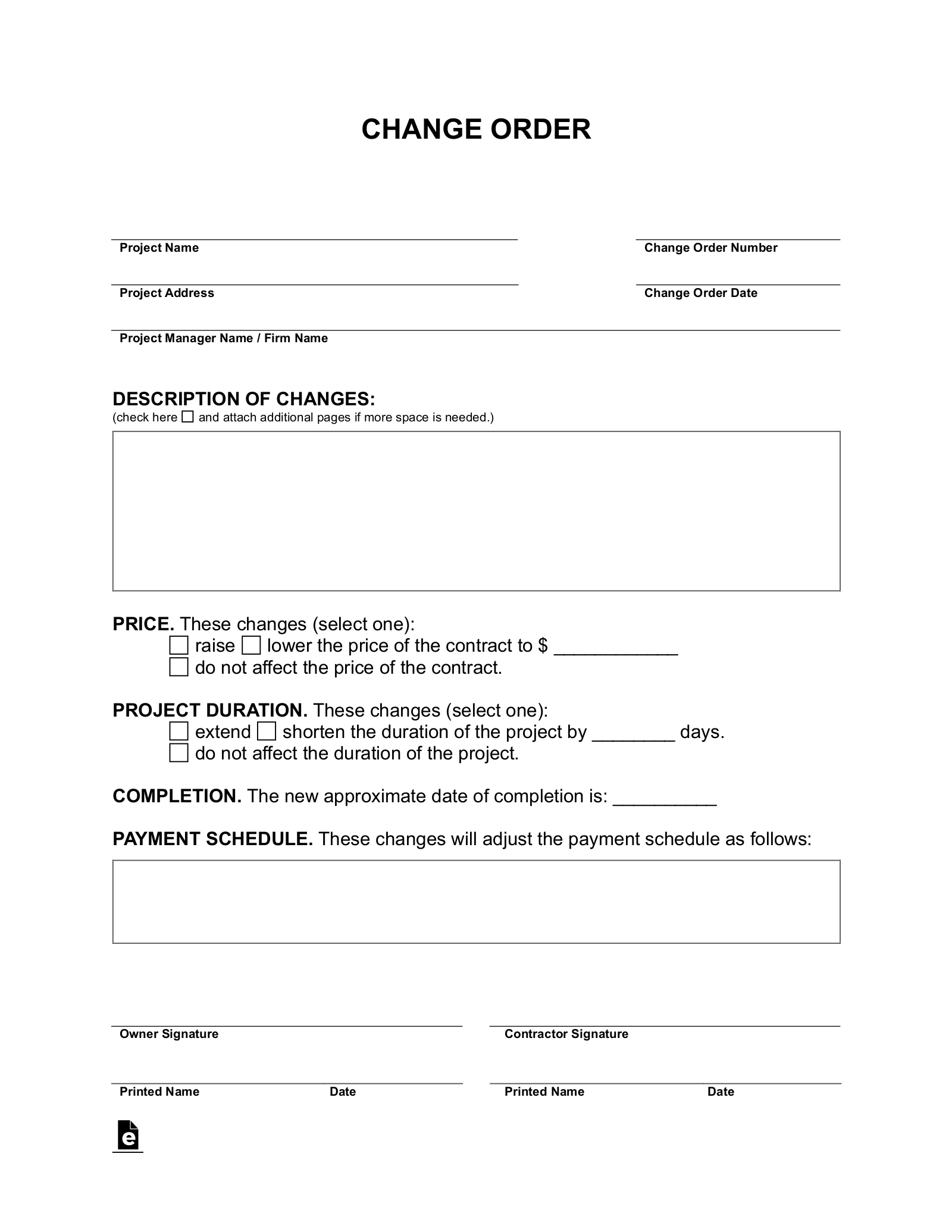 Free Change Order Form Construction PDF Word EForms
