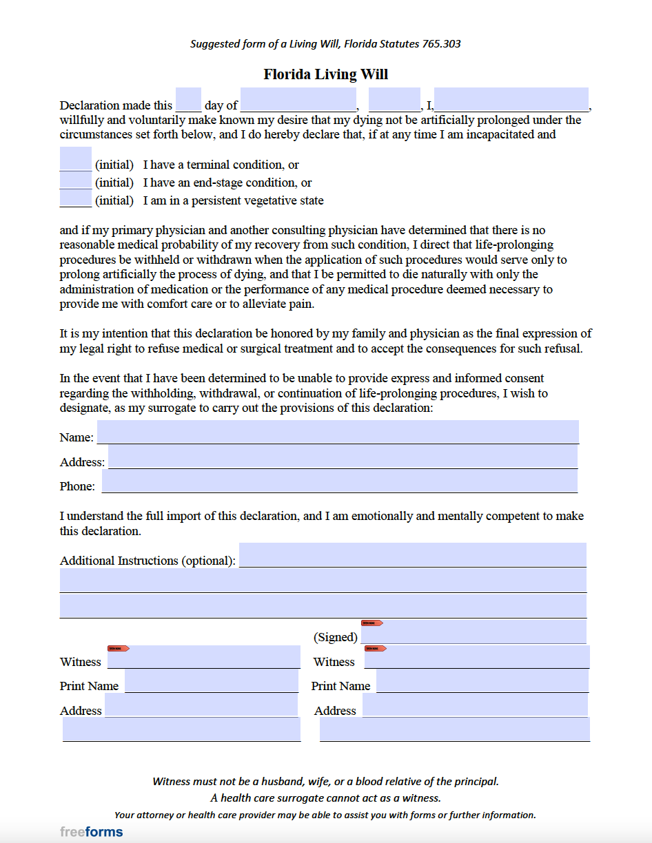 Free Florida Living Will Form PDF Free Florida Living Will Form PDF