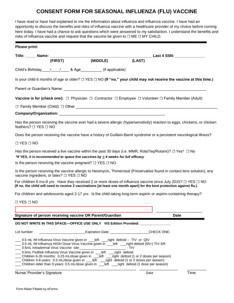 Free Flu Shot Influenza Vaccine Consent Form PDF Word EForms