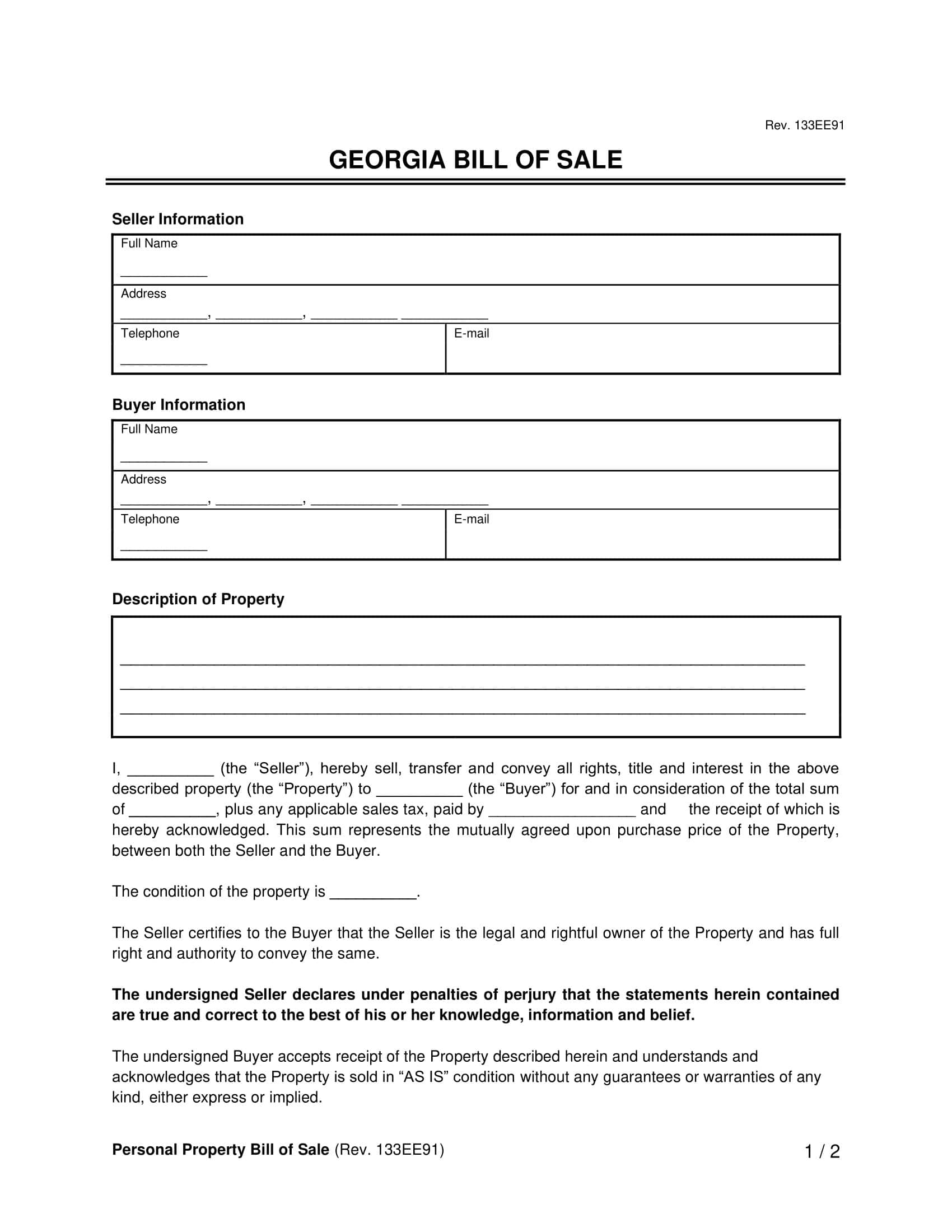 Free Georgia Bill Of Sale Forms Printable PDF Word
