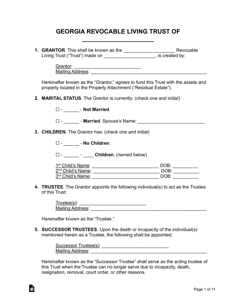 Free Georgia Living Trust Form Revocable PDF Word EForms