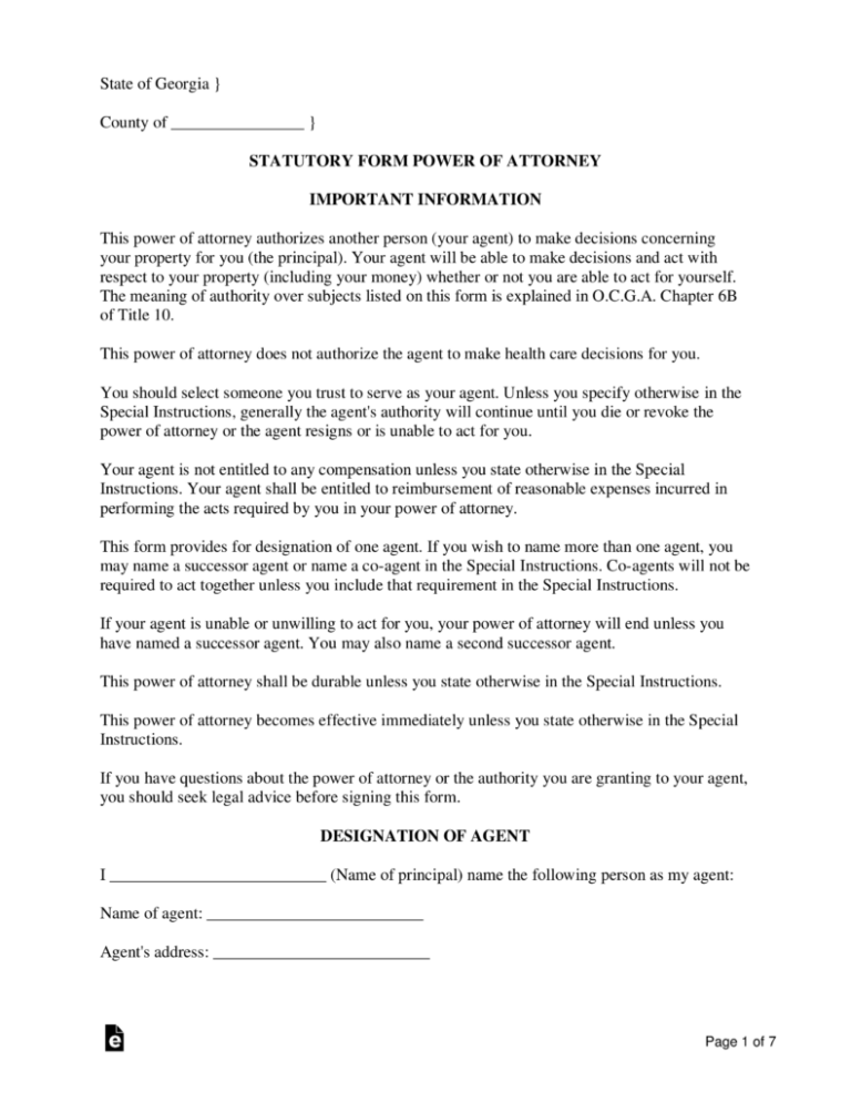 Free Georgia Power Of Attorney Forms 10 Types PDF Word EForms