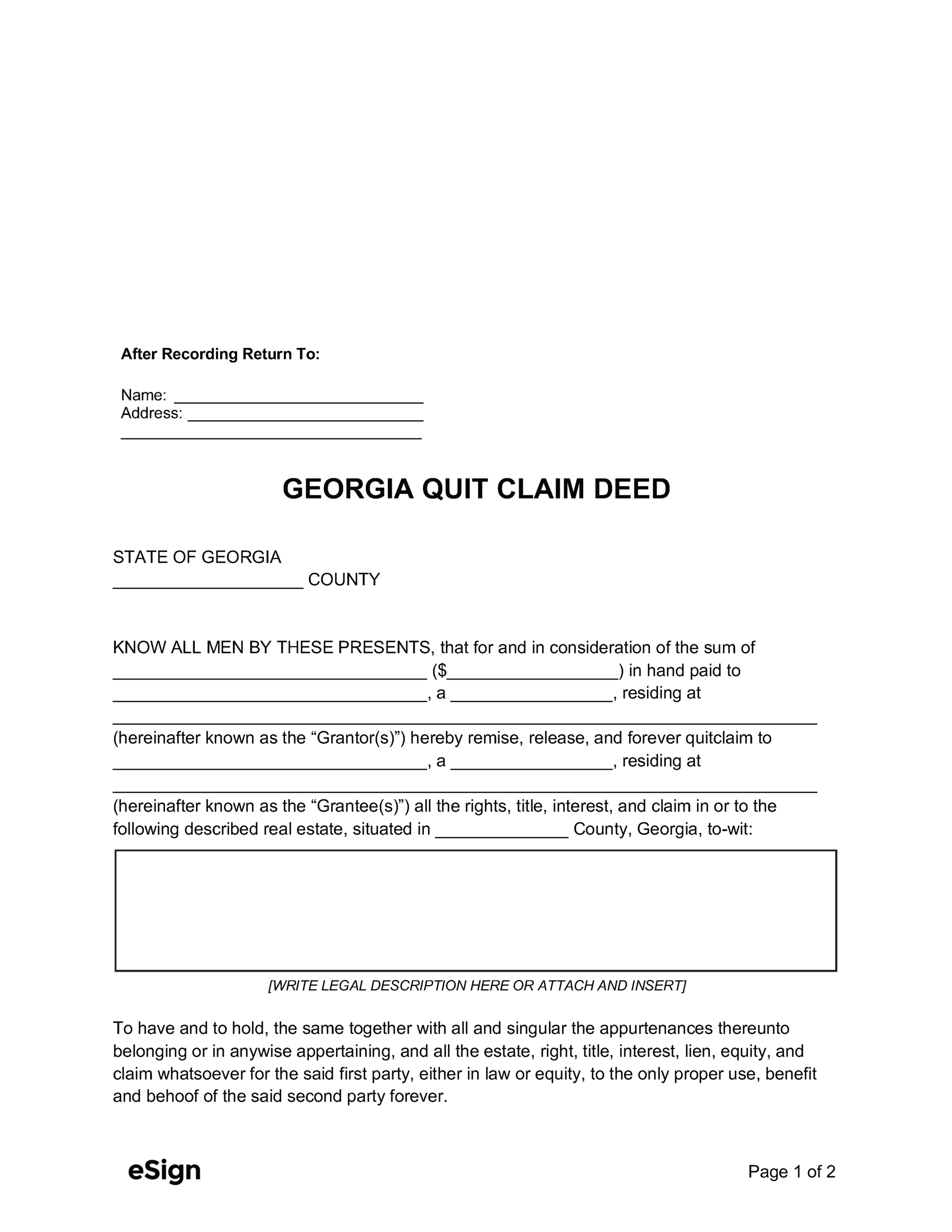 Free Georgia Quit Claim Deed Form PDF Word