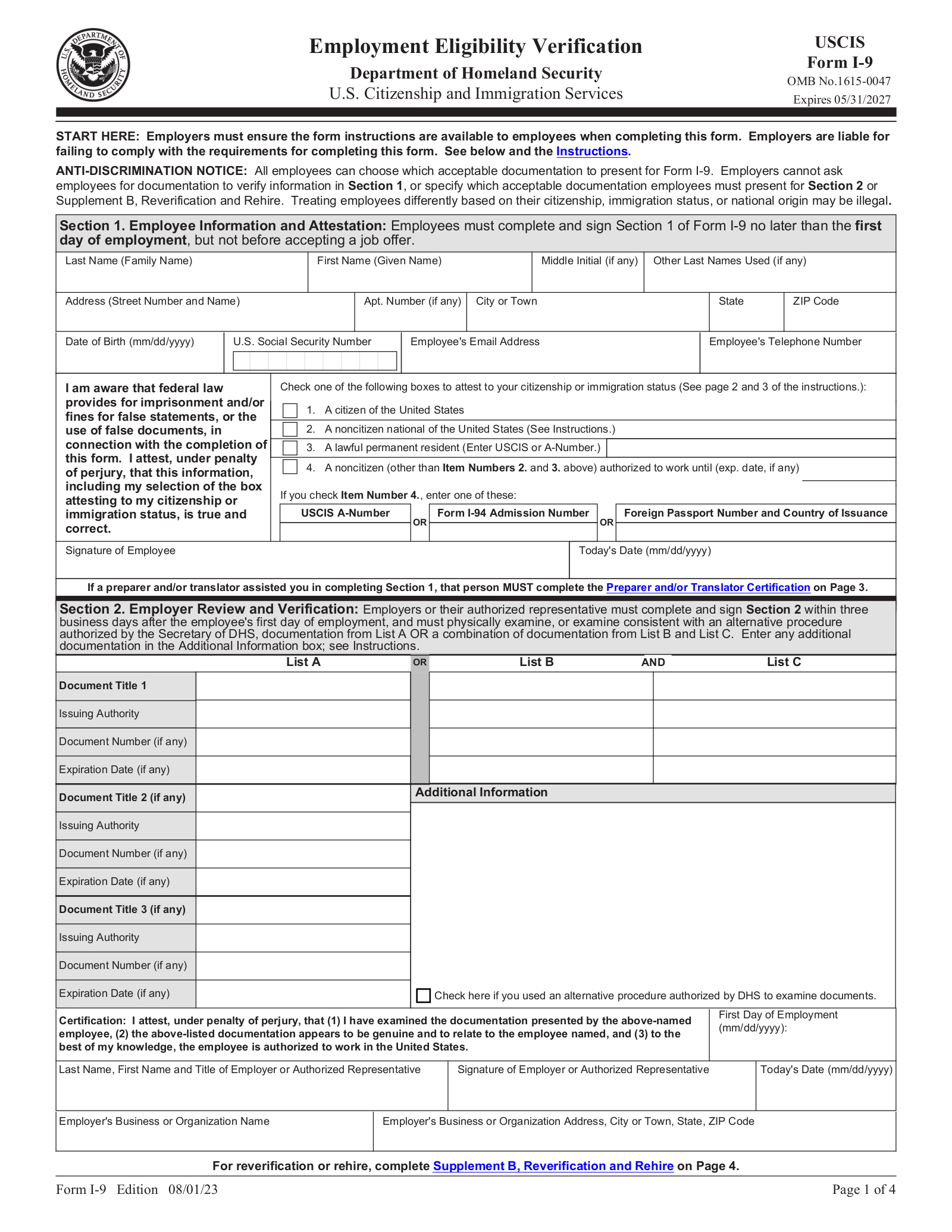 Free I 9 Form Employment Eligibility Verification PDF EForms Free I 9 Form Employment Eligibility Verification PDF EForms