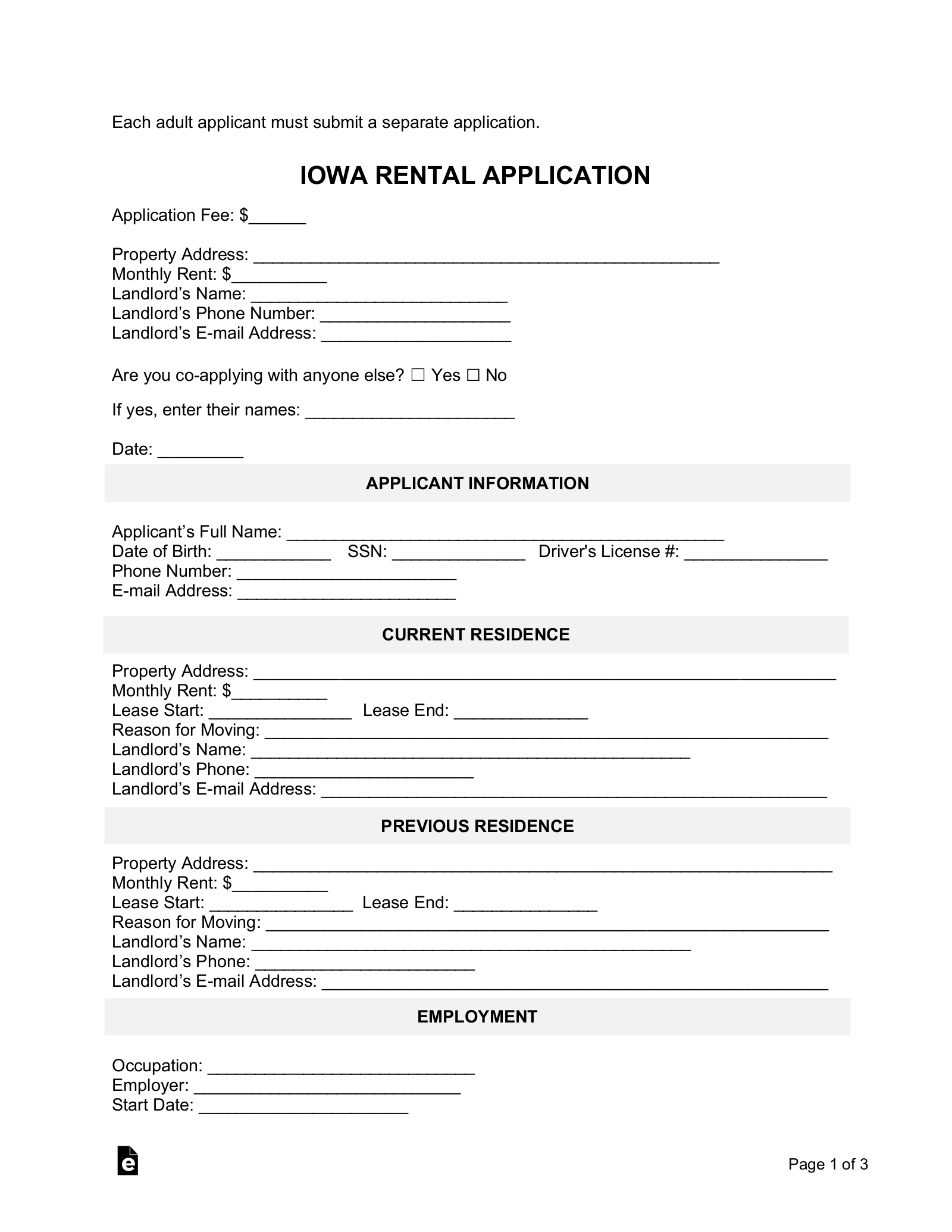 free printable rental application forms