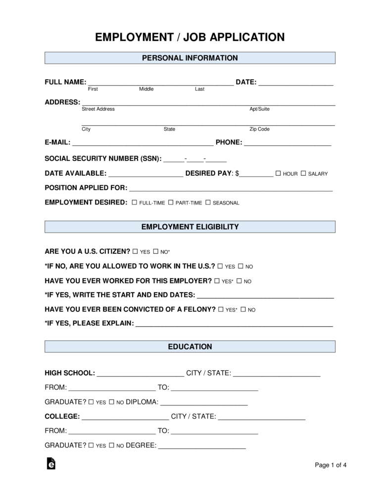 Free Job Application Forms 2 PDF Word EForms