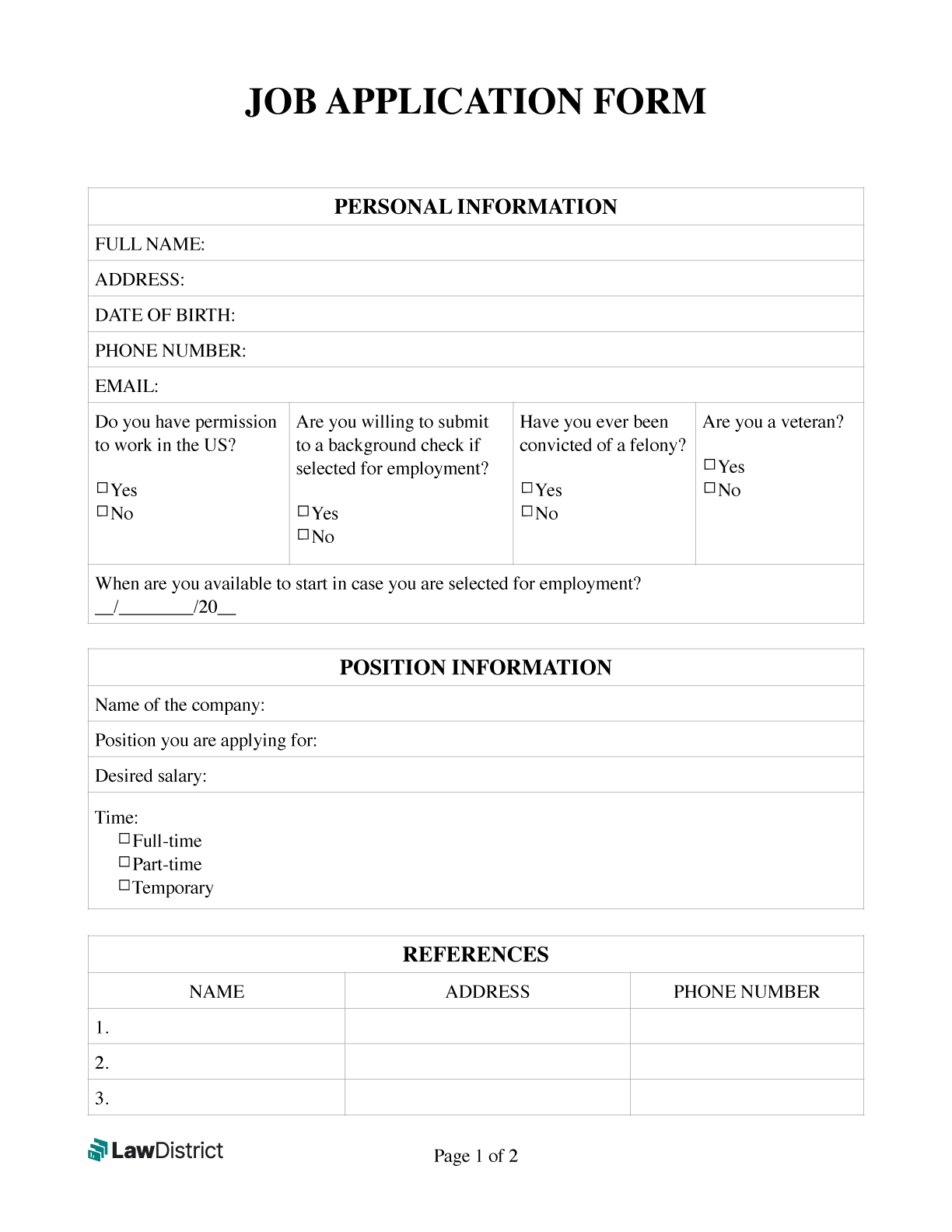 Free Job Application Forms Simple PDF Template Lawdistrict Free Job Application Forms Simple PDF Template Lawdistrict