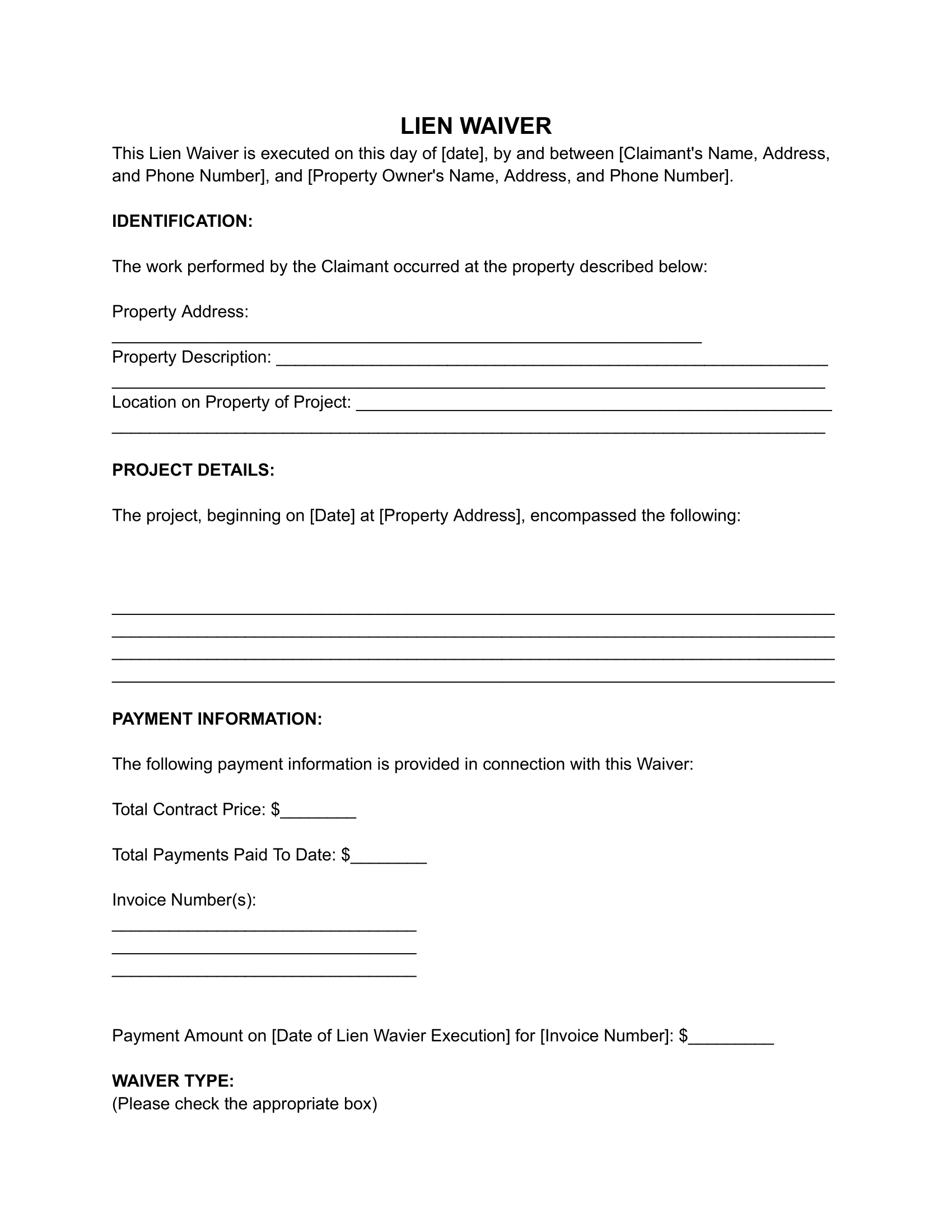 Free Lien Waiver Form for Contractors PDF Word