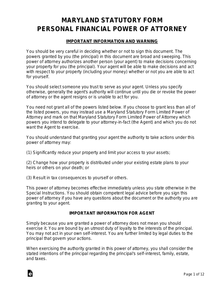 Free Maryland Power Of Attorney Forms 9 Types PDF Word EForms