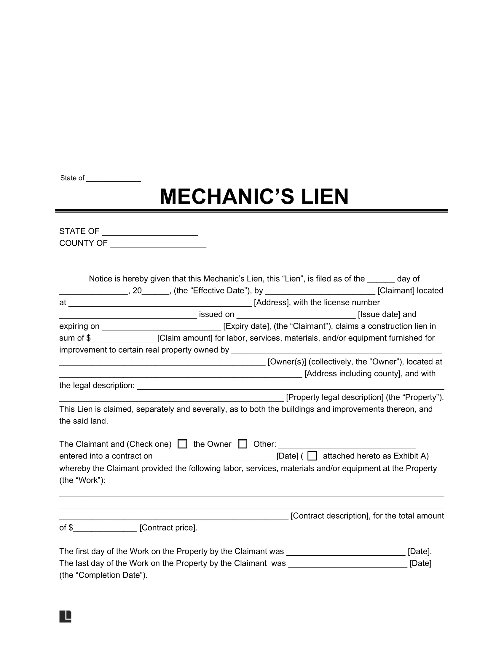 Free Mechanic s Lien Form PDF Word Free Mechanic s Lien Form PDF Word