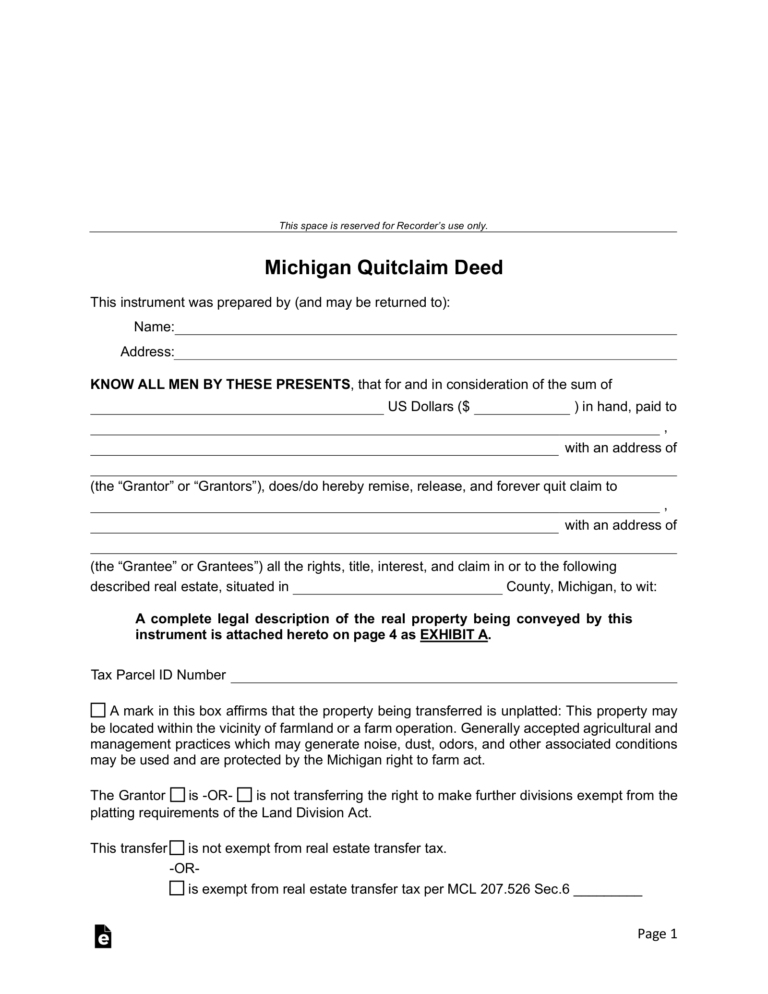 Free Michigan Quit Claim Deed Form PDF Word EForms