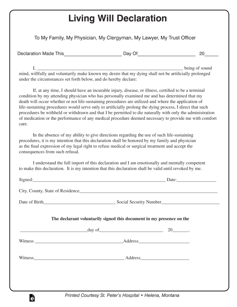 Free Montana Living Will Declaration Form Template PDF EForms