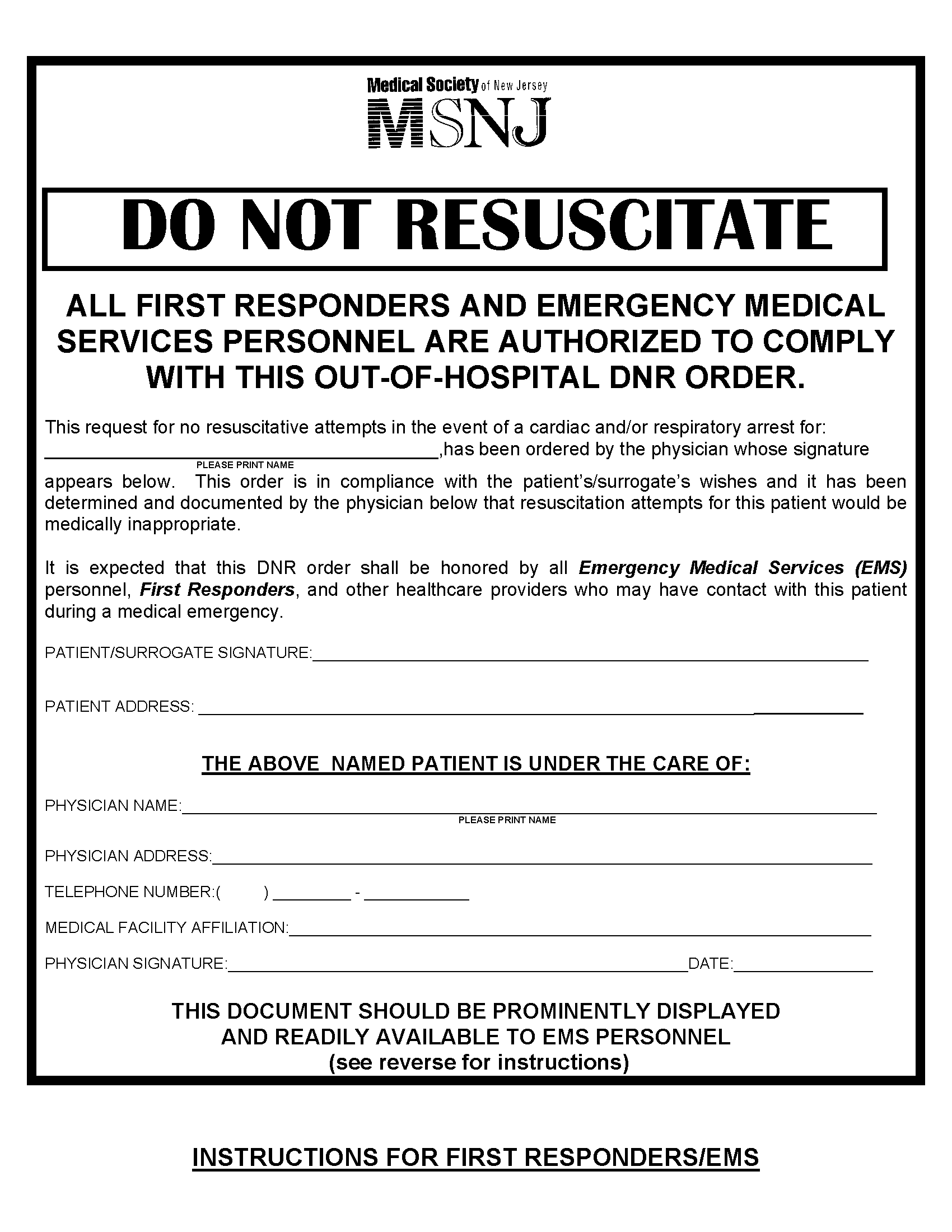 Free New Jersey Do Not Resuscitate DNR Form PDF