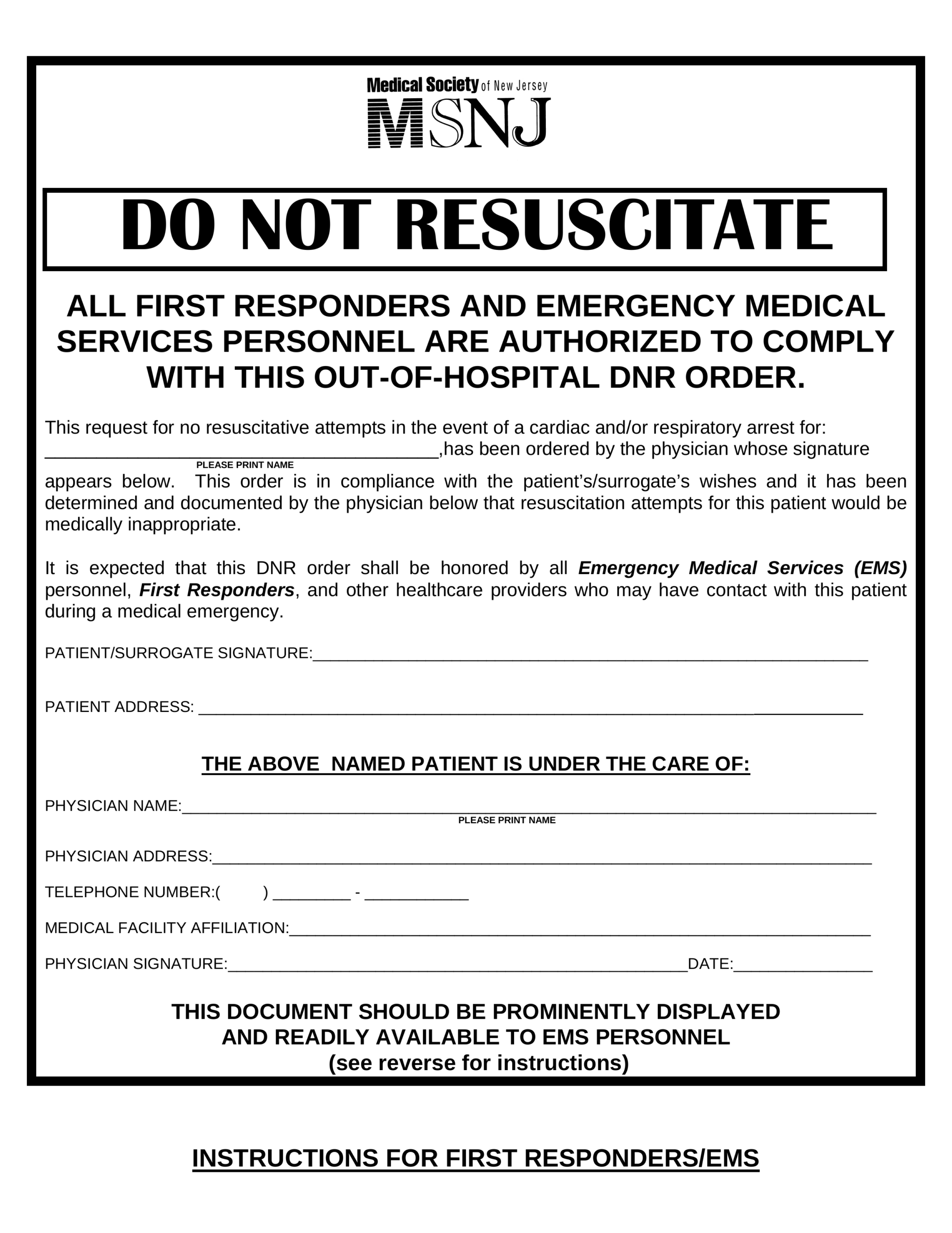 Free New Jersey Do Not Resuscitate DNR Order Form PDF EForms Free New Jersey Do Not Resuscitate DNR Order Form PDF EForms
