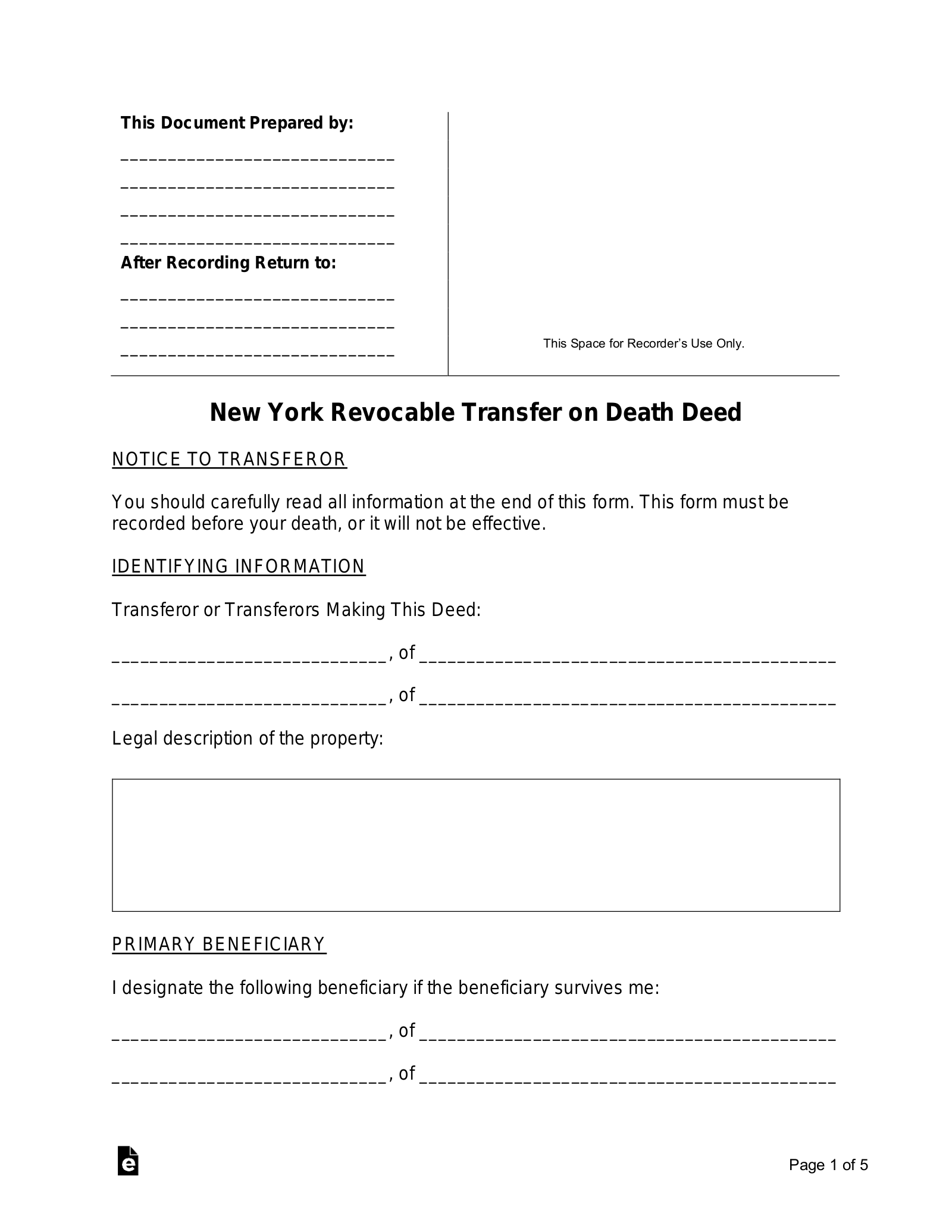 Free New York Transfer On Death Deed PDF Word EForms