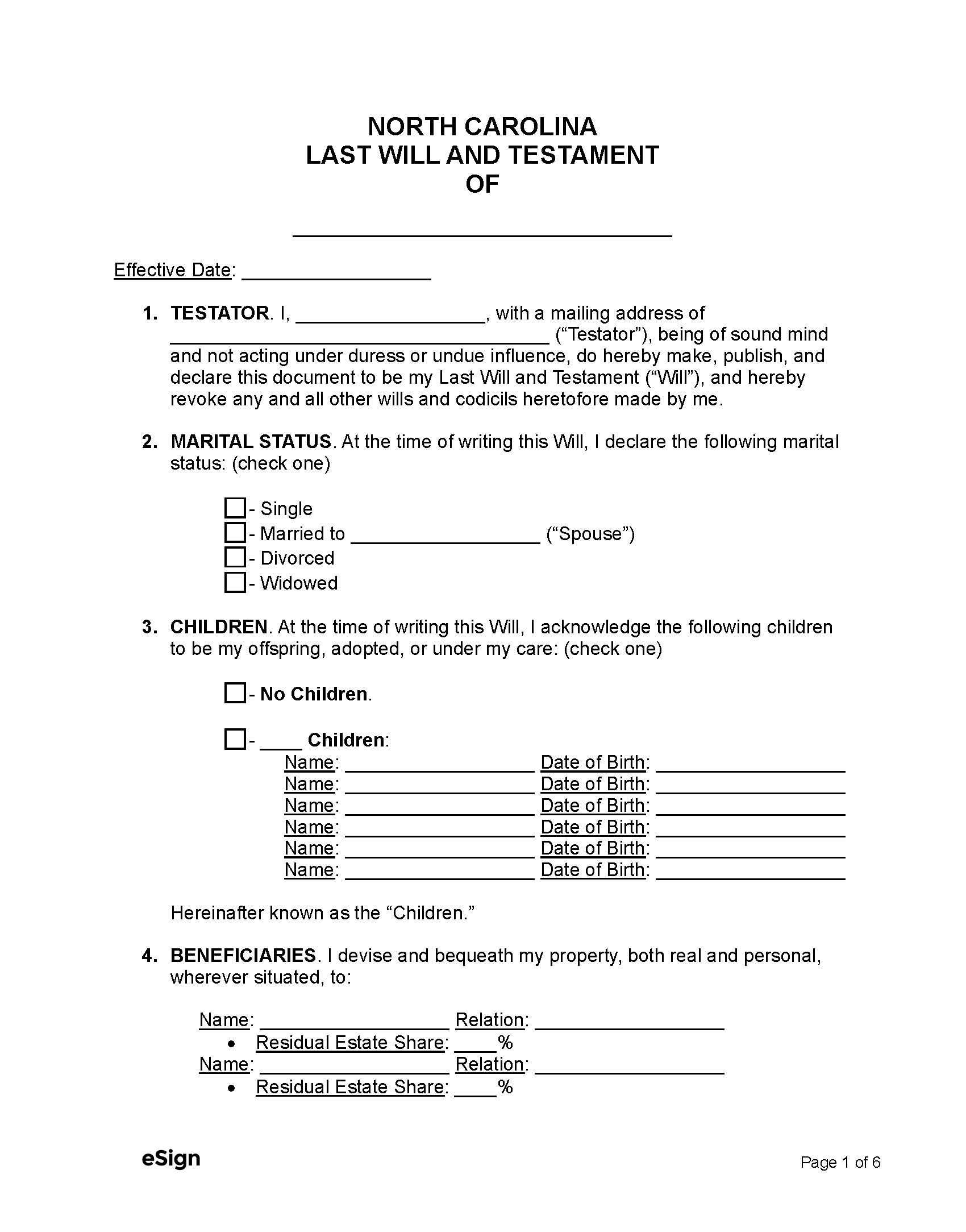 Free North Carolina Last Will And Testament Template PDF Word
