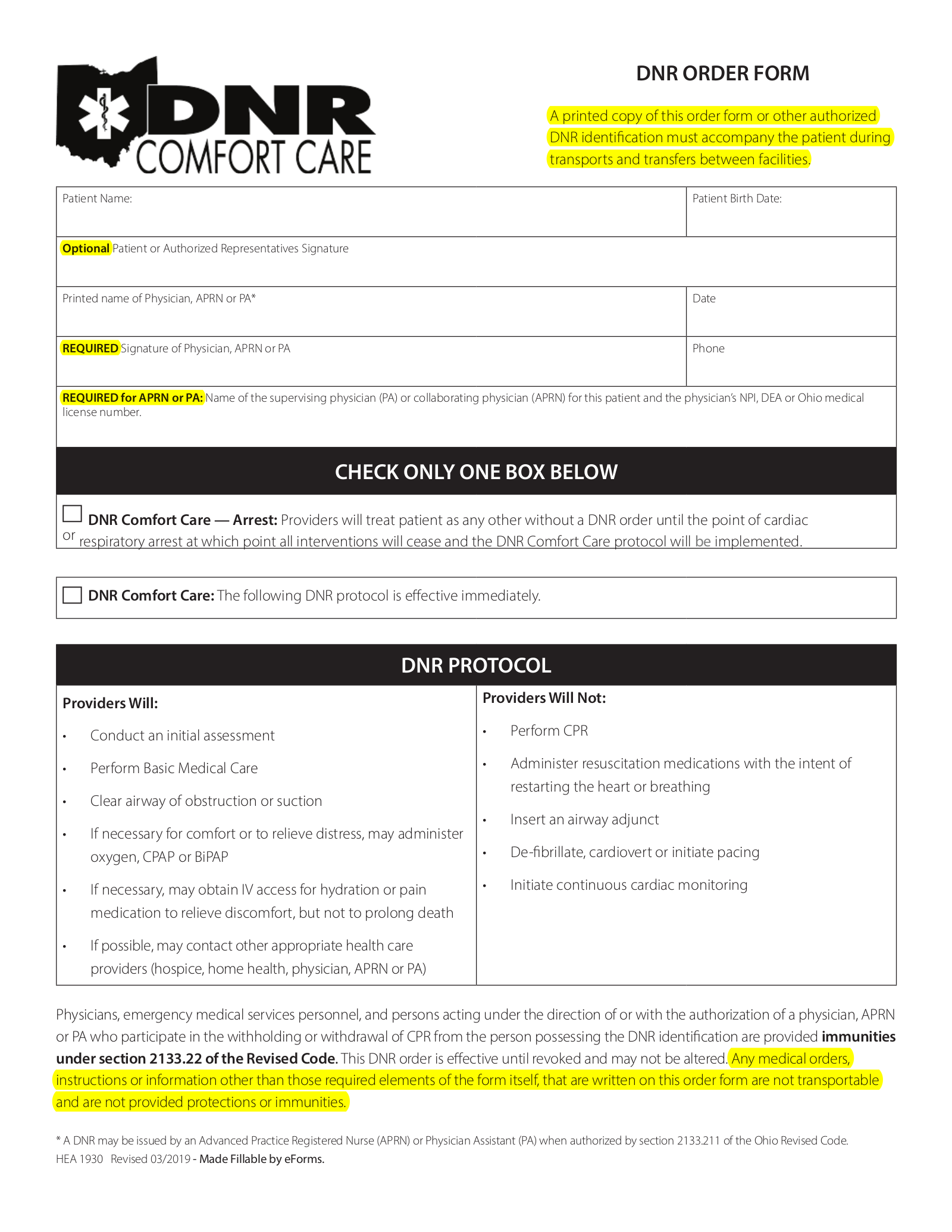 Free Ohio Do Not Resuscitate DNR Order Form PDF EForms Free Ohio Do Not Resuscitate DNR Order Form PDF EForms