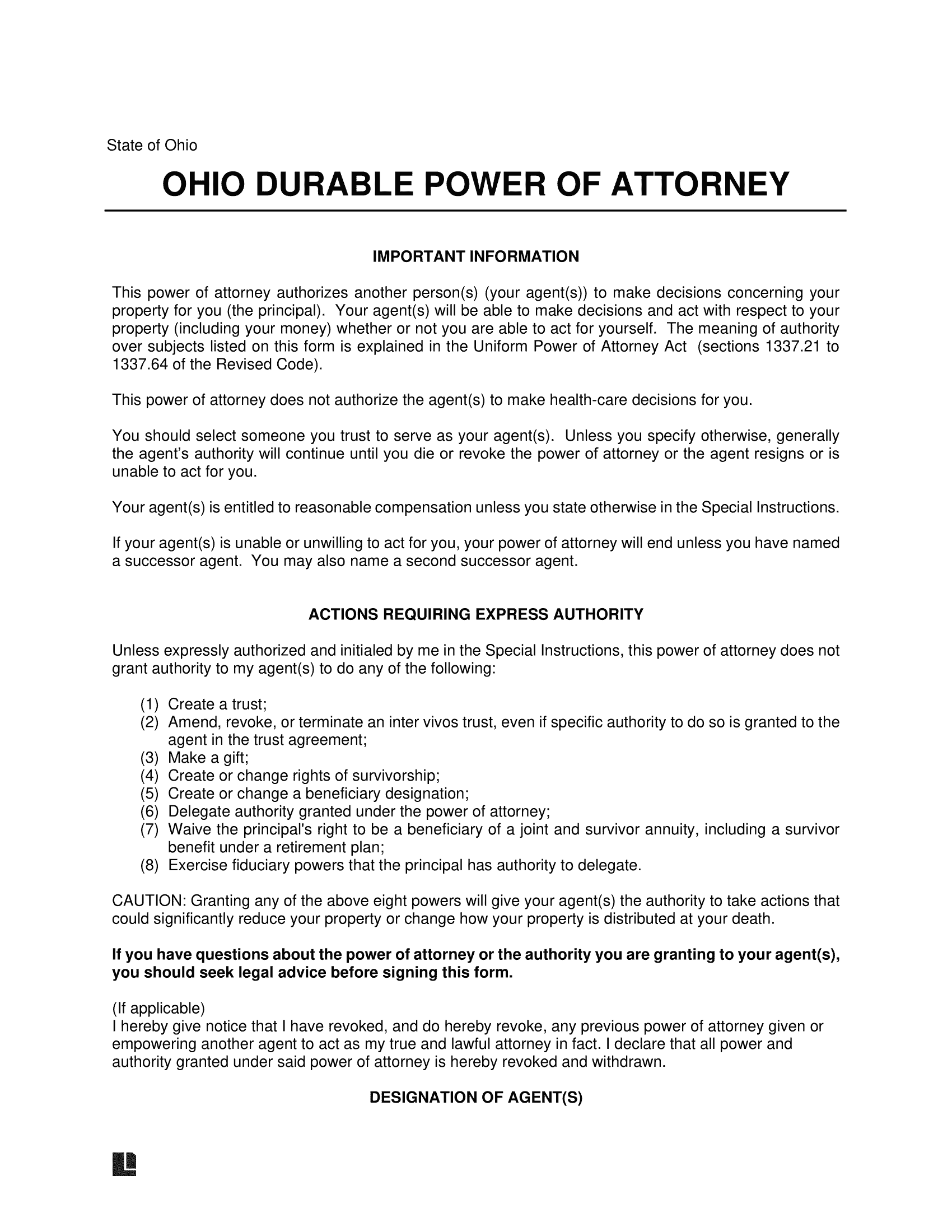 printable power of attorney form ohio