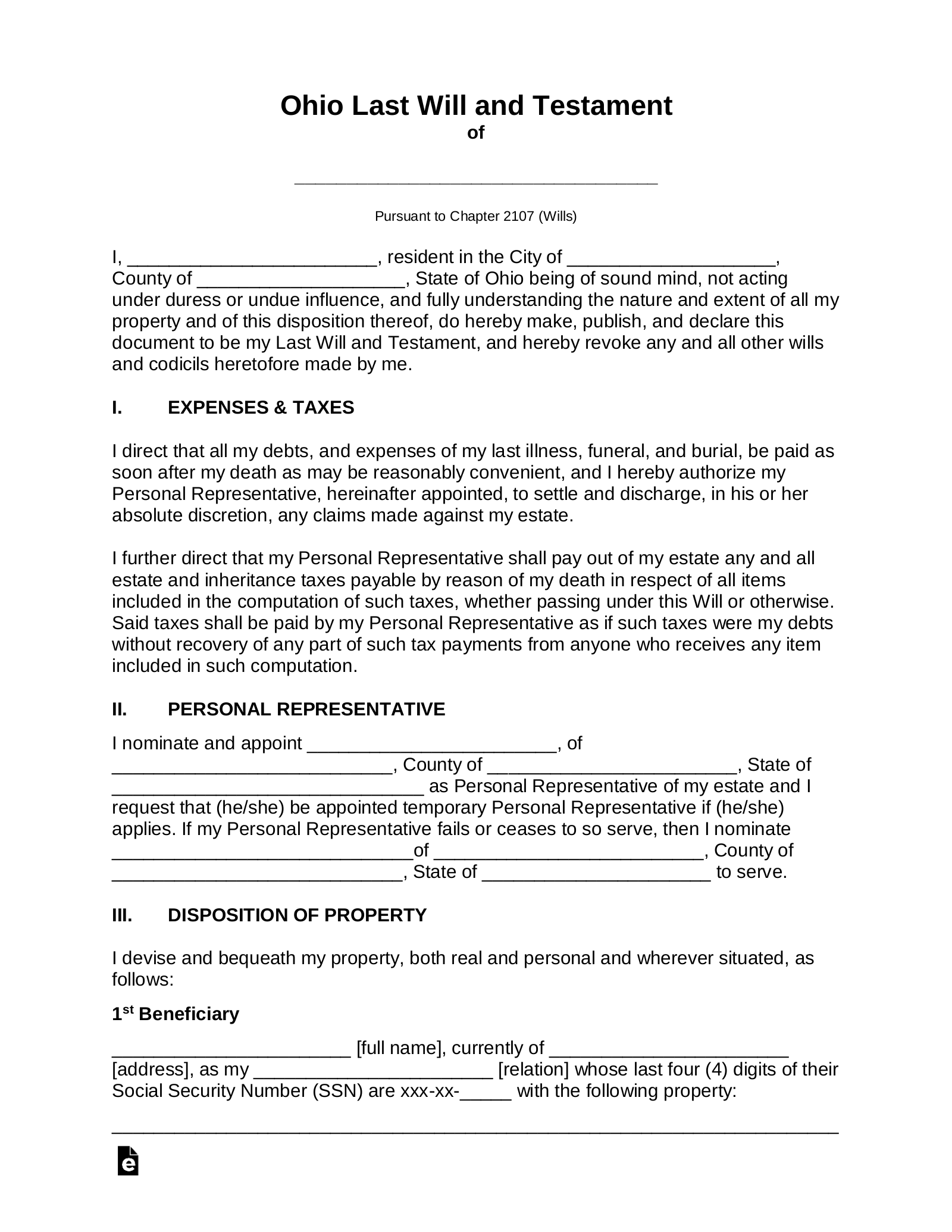 Free Ohio Last Will And Testament Template PDF Word EForms Free Ohio Last Will And Testament Template PDF Word EForms