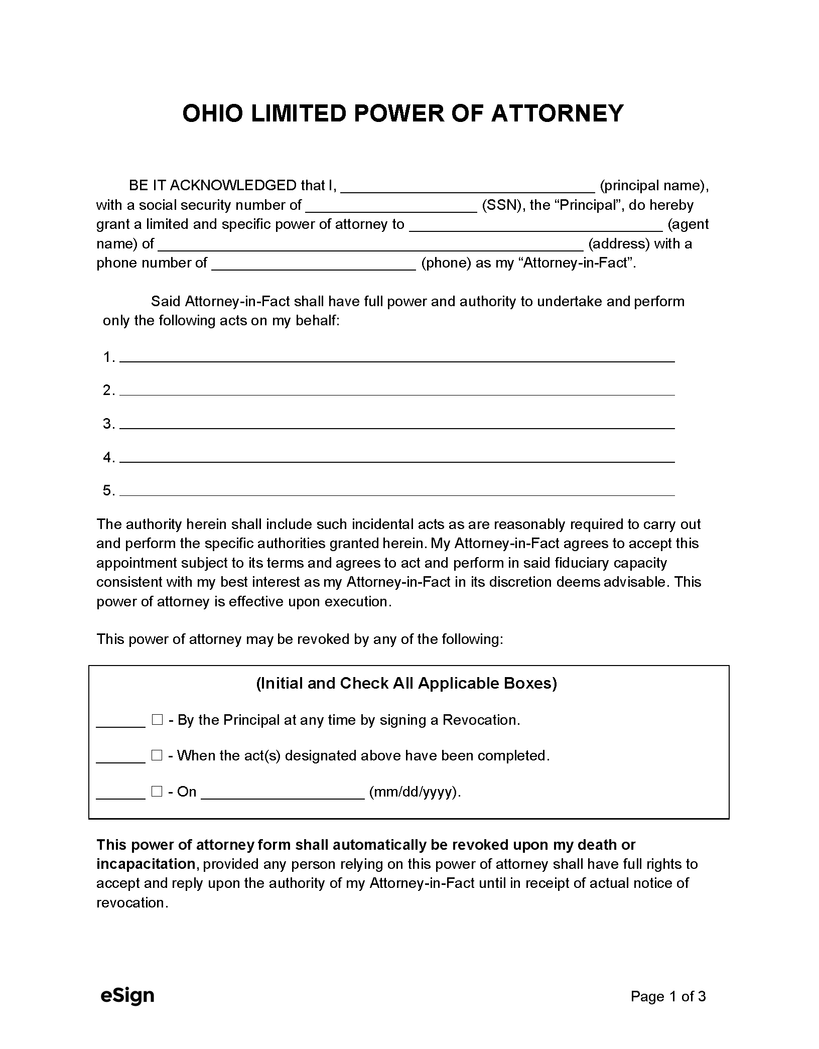 Free Ohio Limited Power Of Attorney Form PDF Word