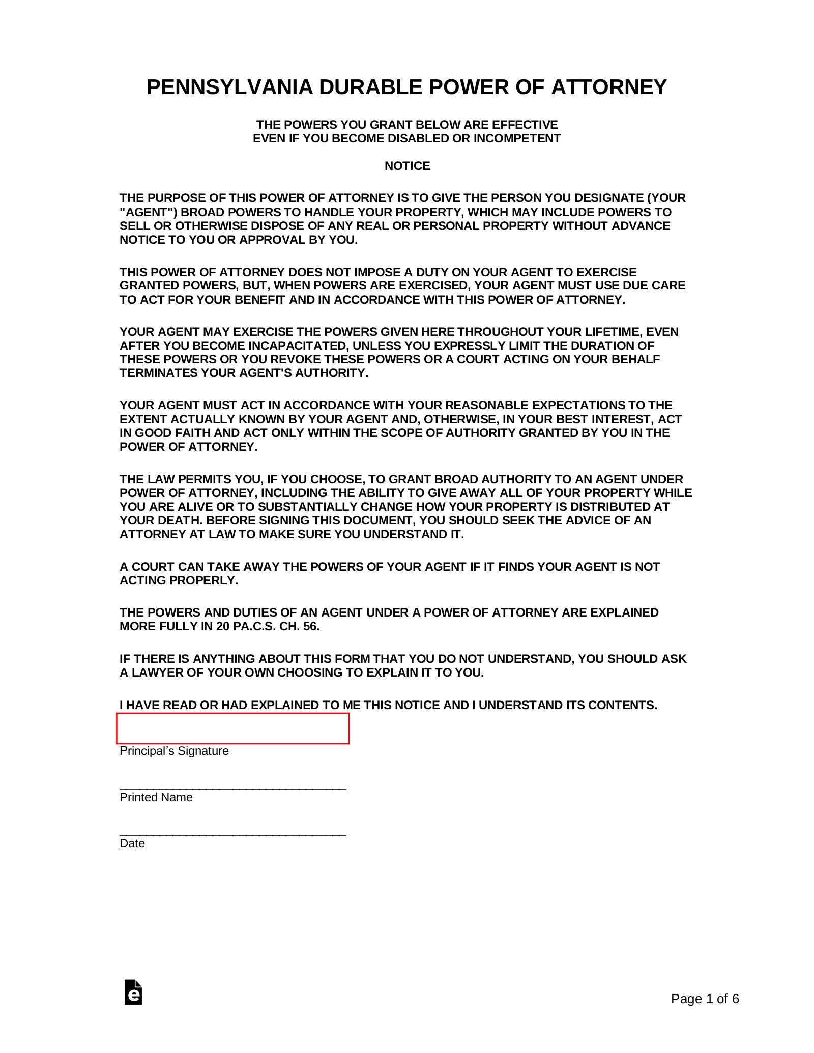 printable durable power of attorney form
