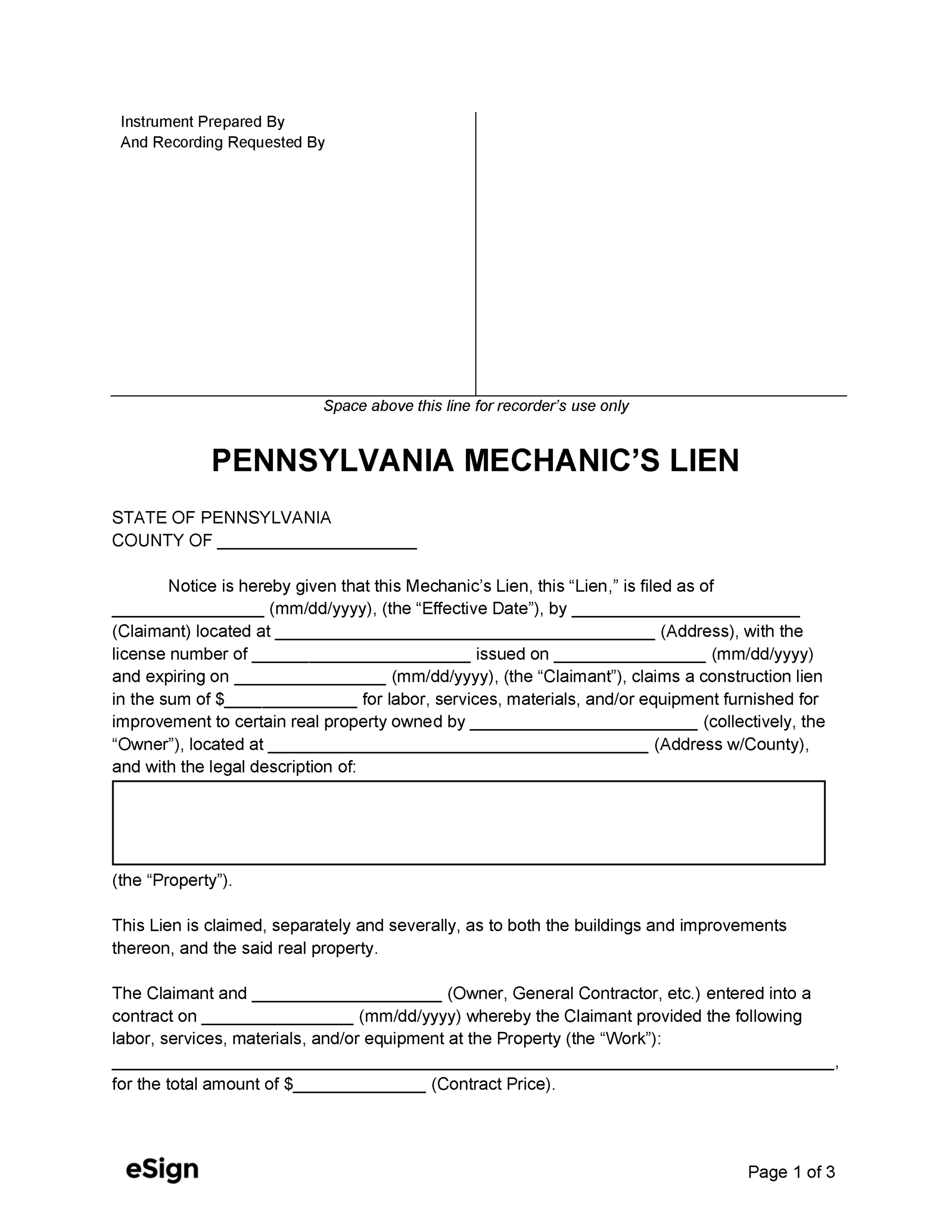 Free Pennsylvania Mechanic s Lien Form PDF Word Free Pennsylvania Mechanic s Lien Form PDF Word