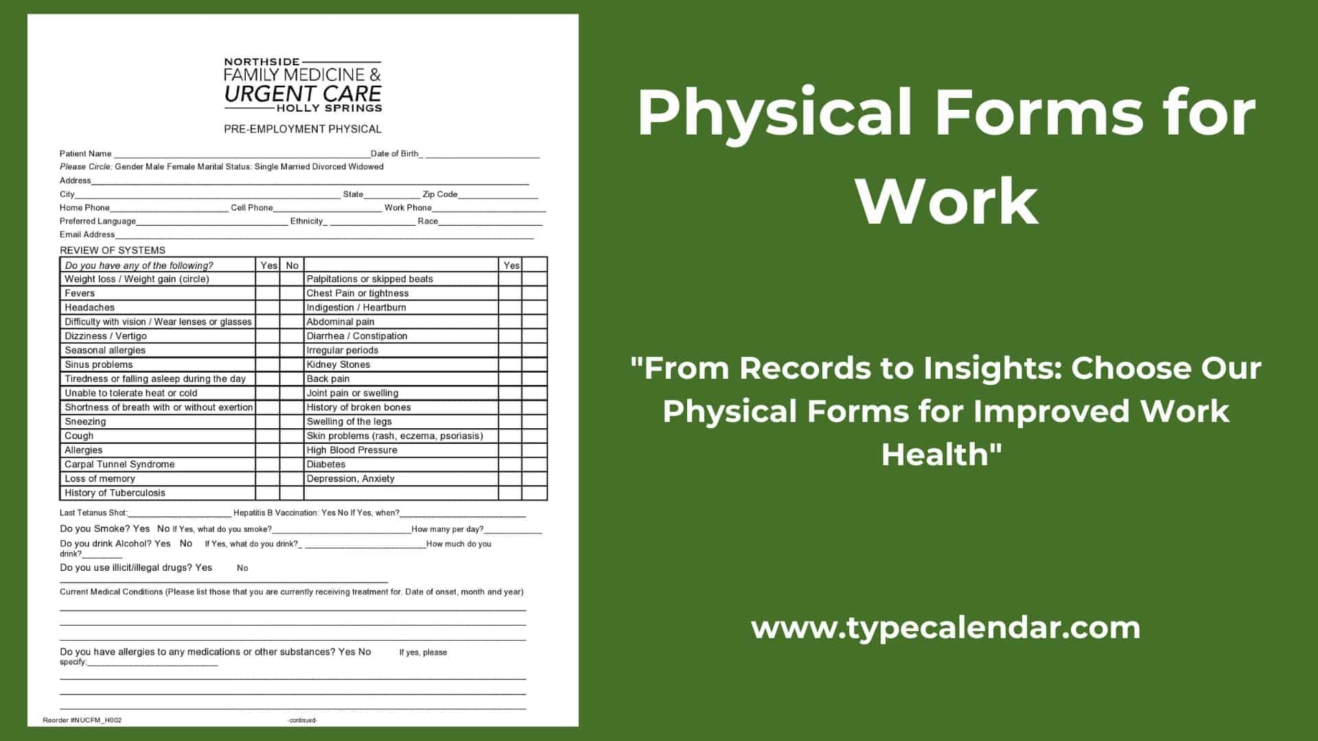 Free Printable Physical Form For Work Templates PDF 
