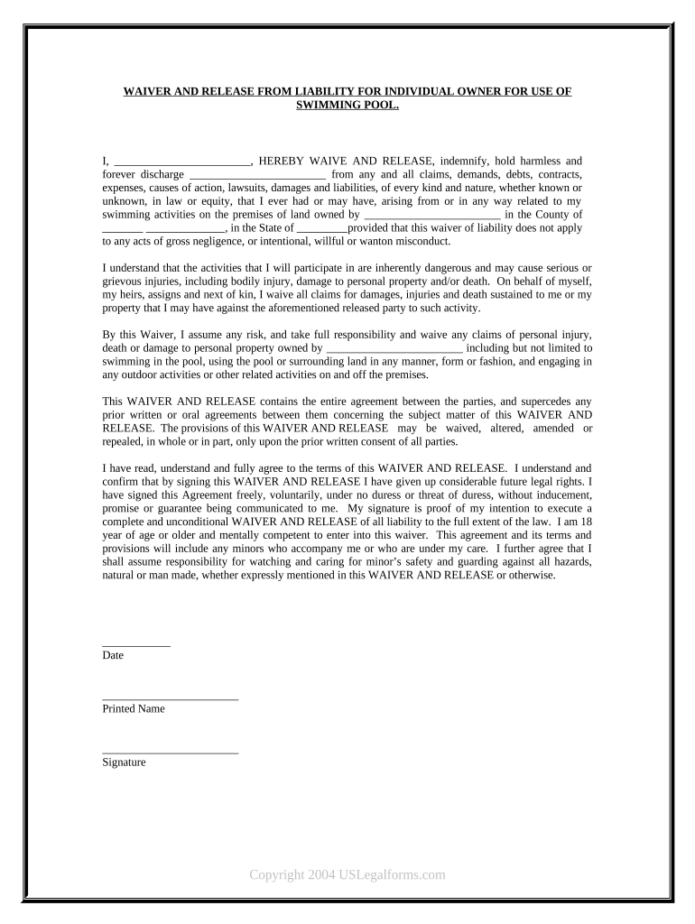 free printable pool waiver form