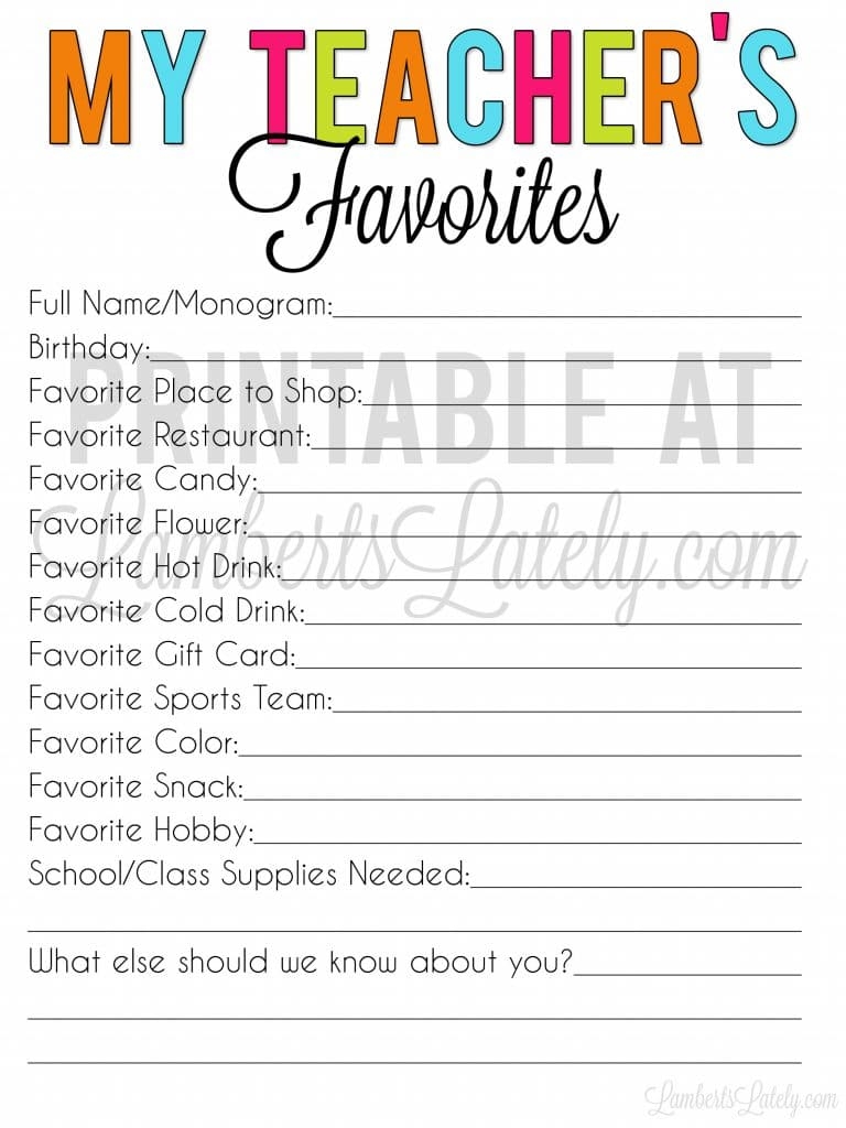 Free Printable Teacher Favorite Things Form LL Home