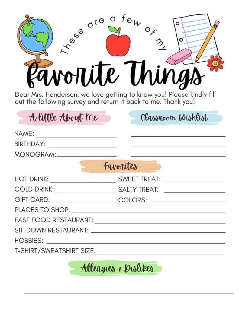 FREE Printable Teacher Favorite Things MindyMakes FREE Printable Teacher Favorite Things MindyMakes