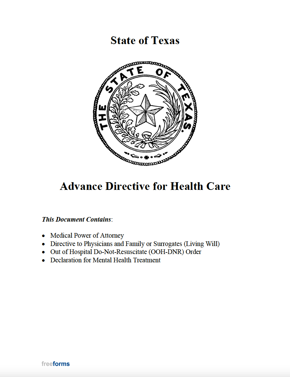 Free Texas Advance Directive Form Medical POA Living Will PDF Word
