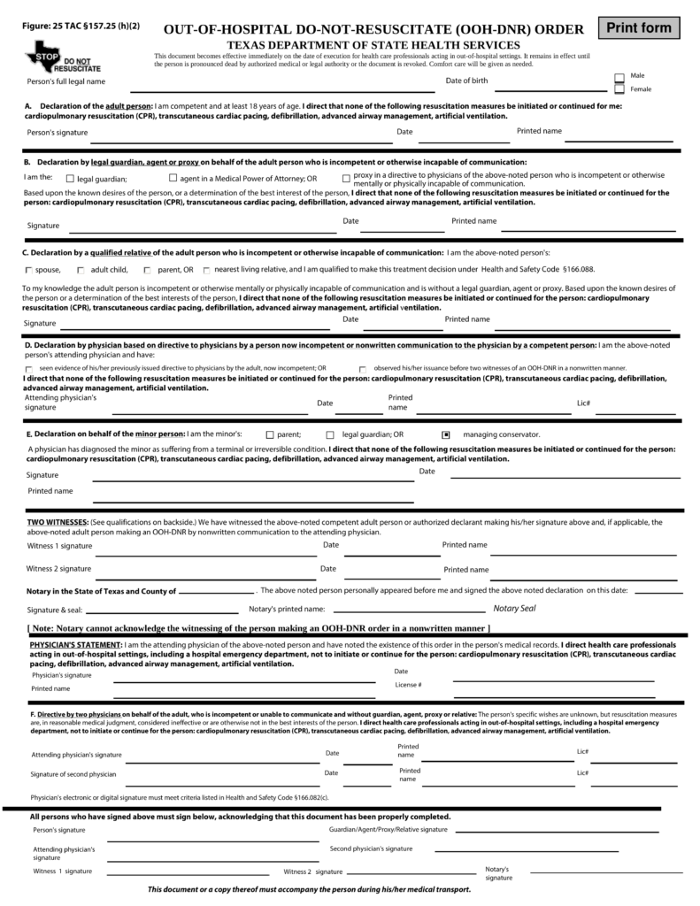 Free Texas Do Not Resuscitate DNR Order Form PDF EForms