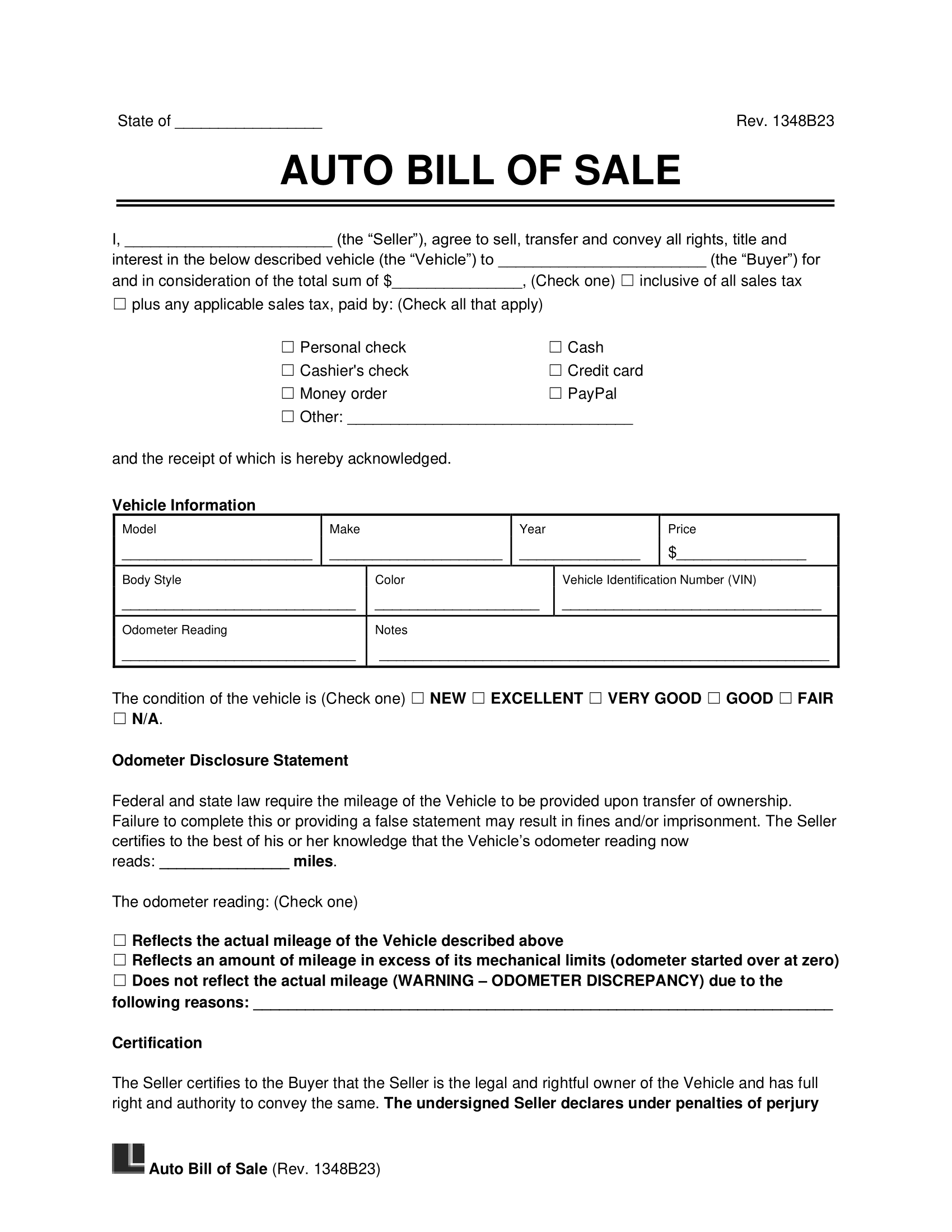 Free Vehicle Bill Of Sale Template PDF Word