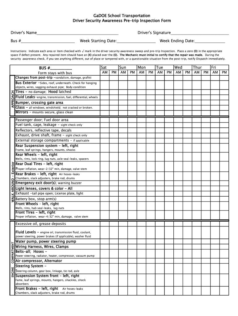 printable pre trip inspection form pdf