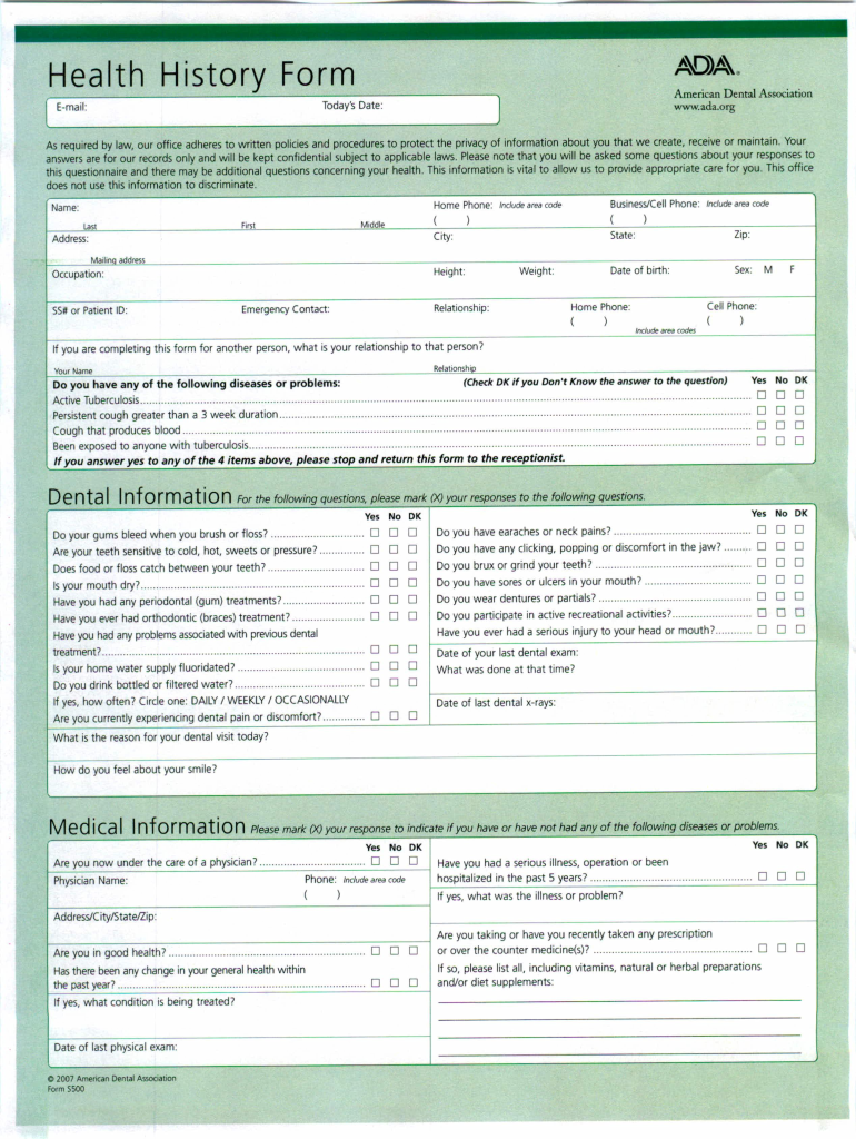 free printable dental health history forms