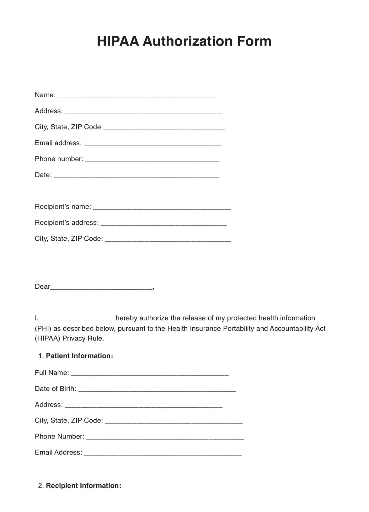 free printable hipaa form