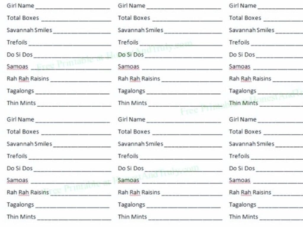 girl scout cookie order form printable
