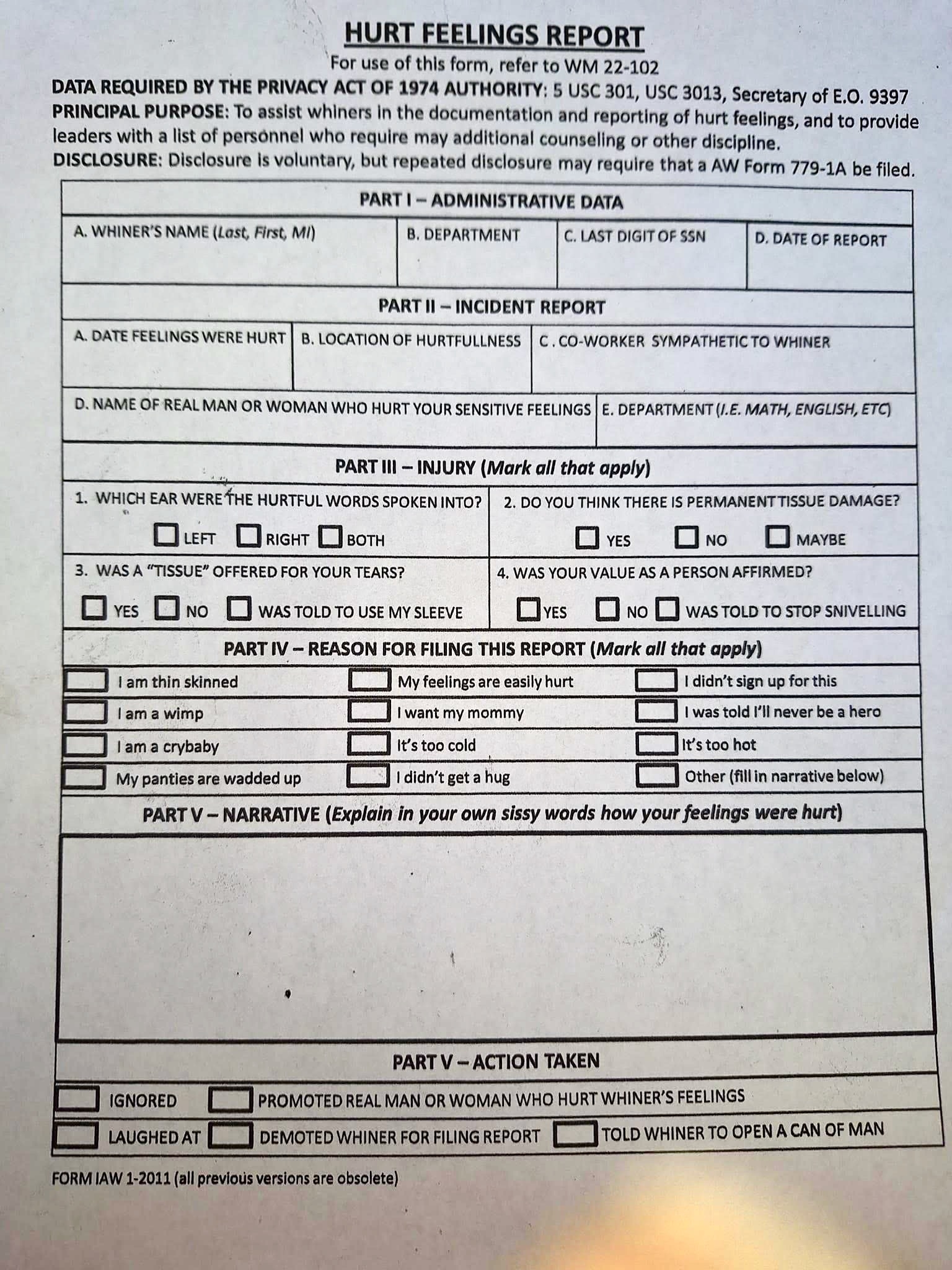 printable hurt feelings report form