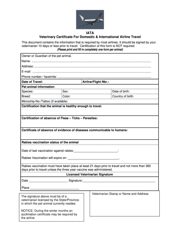 IATA Veterinary Certificate For Domestic International Airline Fill Out Sign Share Online PdfFiller