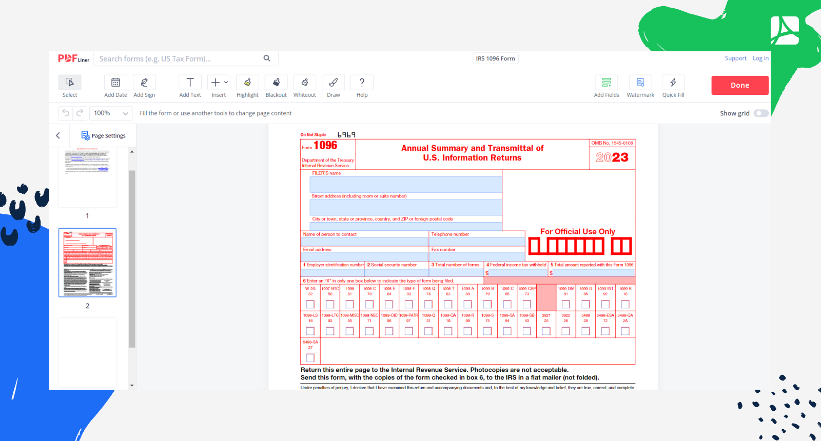 IRS 1096 Form 2024 Printable Blank Sign Forms Online PDFliner IRS 1096 Form 2024 Printable Blank Sign Forms Online PDFliner