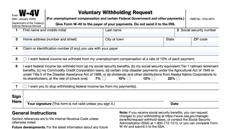 IRS Form W 4V Instructions Voluntary Withholding Request