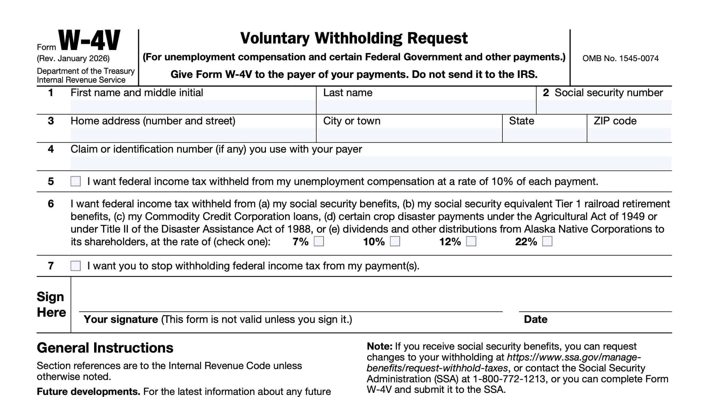 IRS Form W 4V Instructions Voluntary Withholding Request